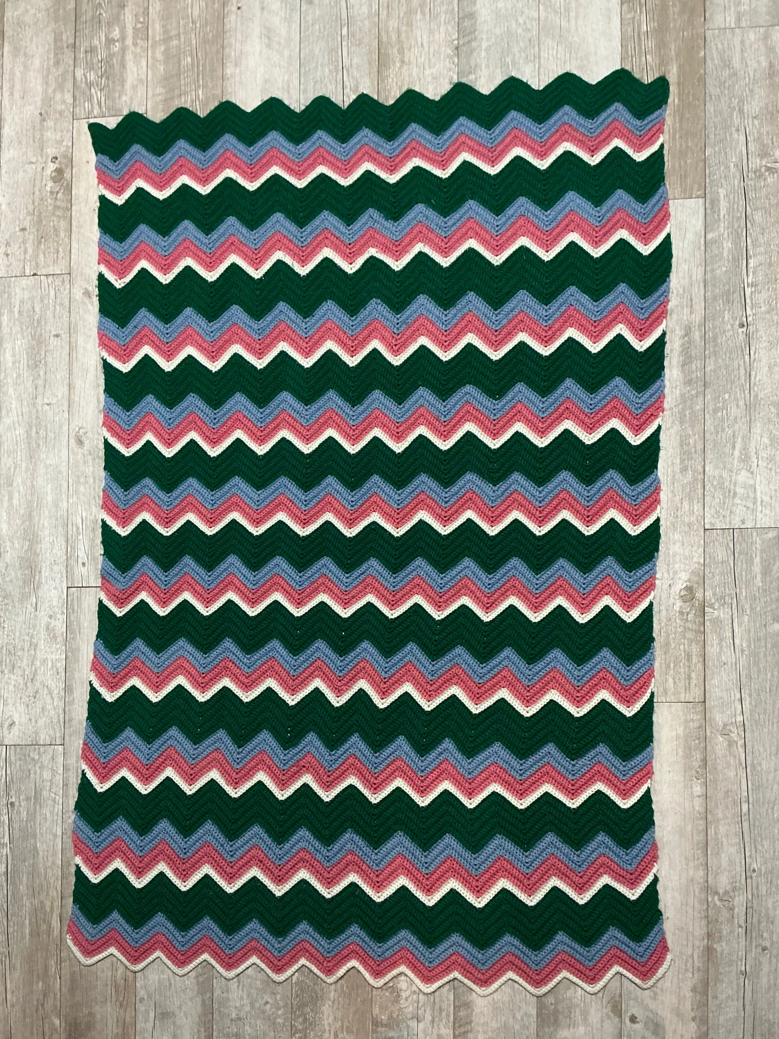 Product image for 28. Hunter Green Blue Mauve Chevron Afghan