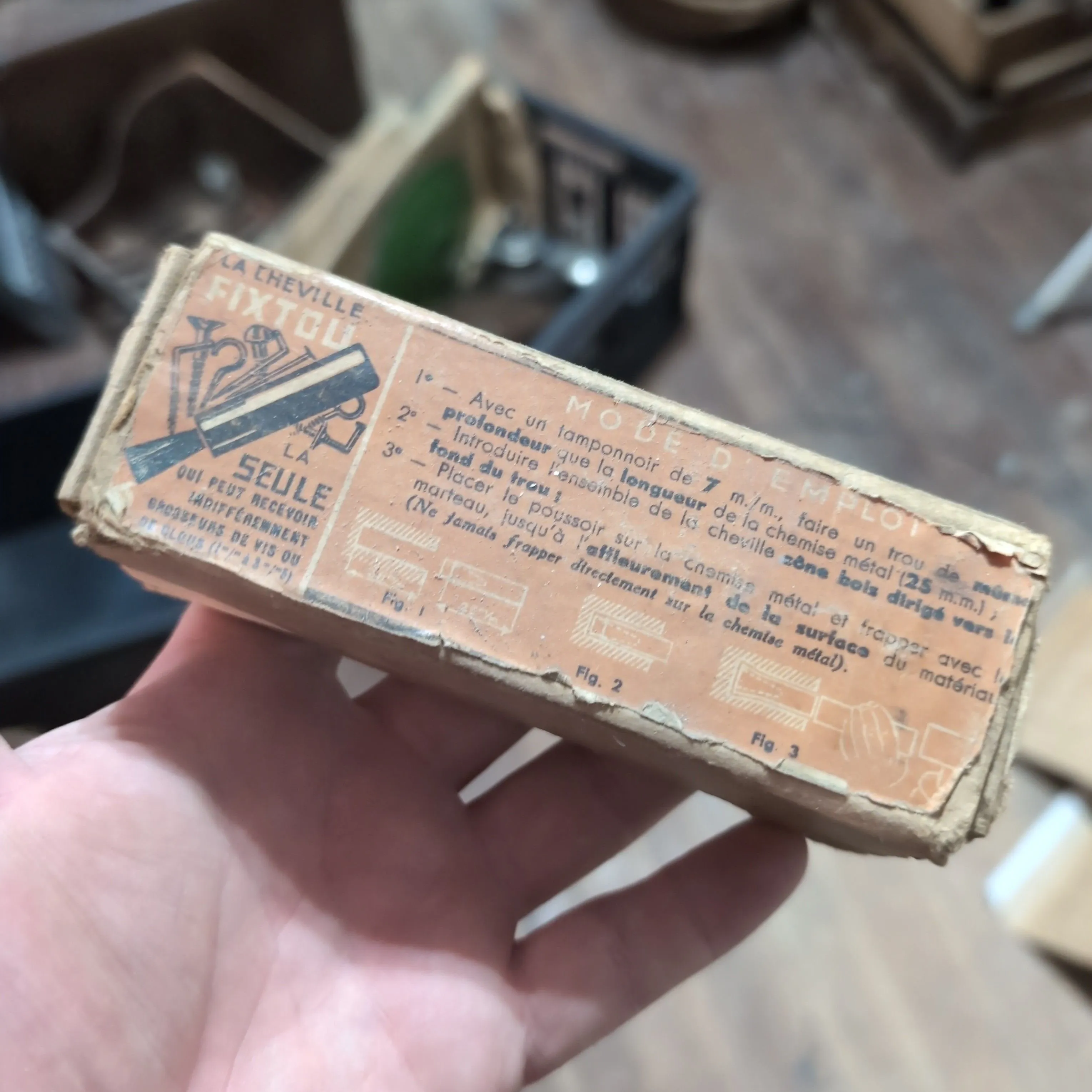 Product image for Old paper box of wood wall fixings for screws and nails