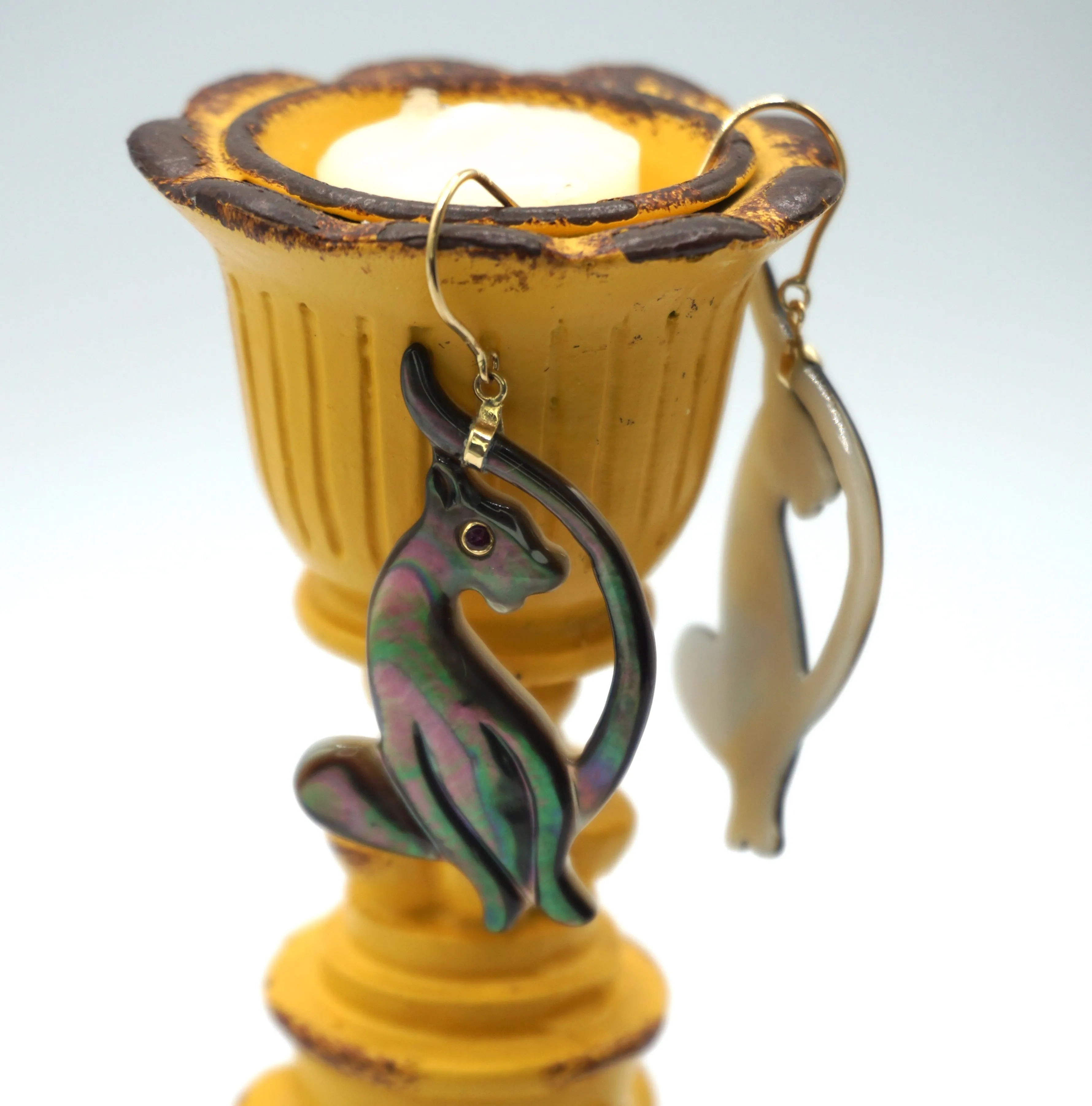 Product image for Black Mother Of Pearl Carved Cat Earrings 14KY Gold with Gemstone Eyes