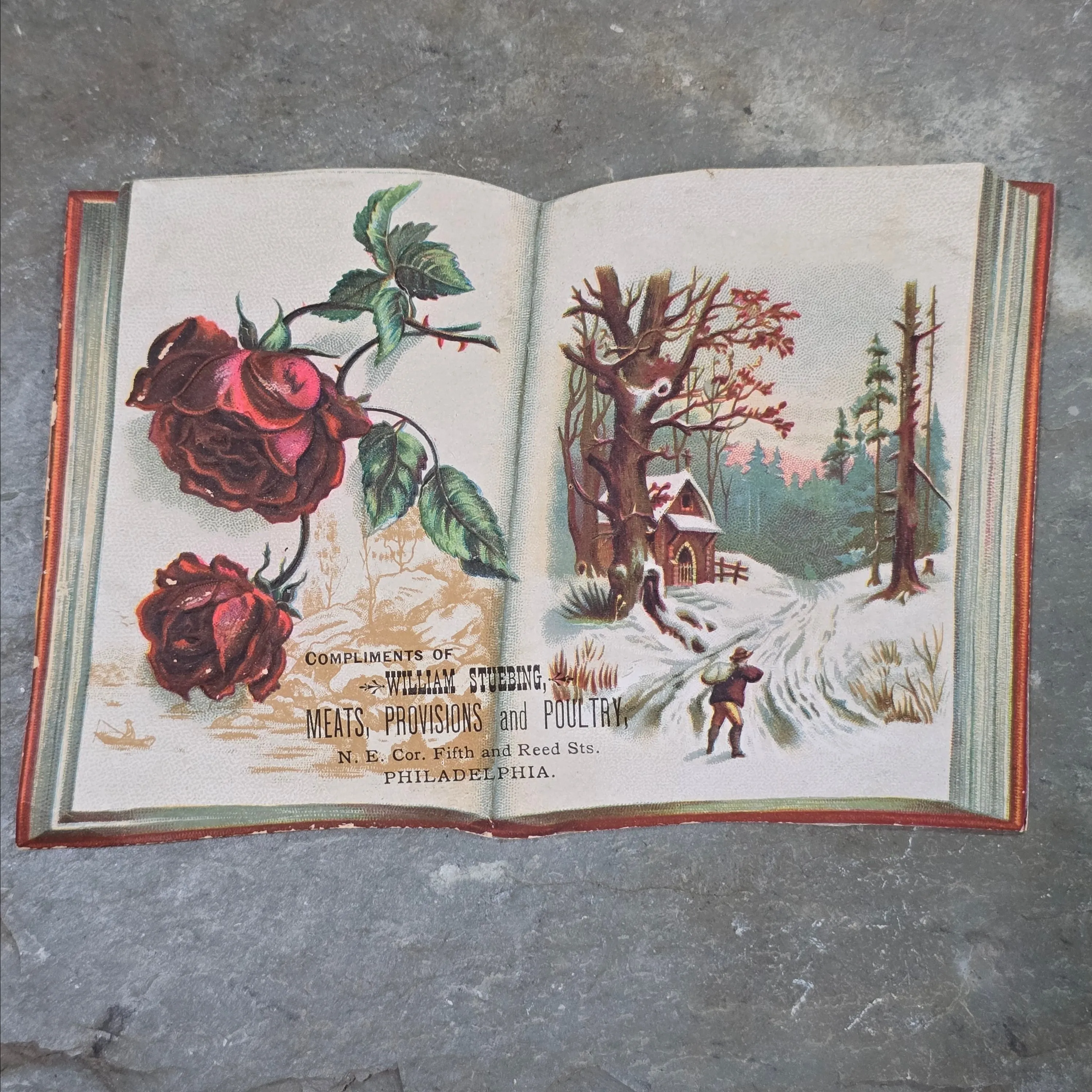 Product image for Antique Book Shaped Die Cut Victorian Trade Card William Stuebing Grocery Philadelphia, PA (WN-27-M)