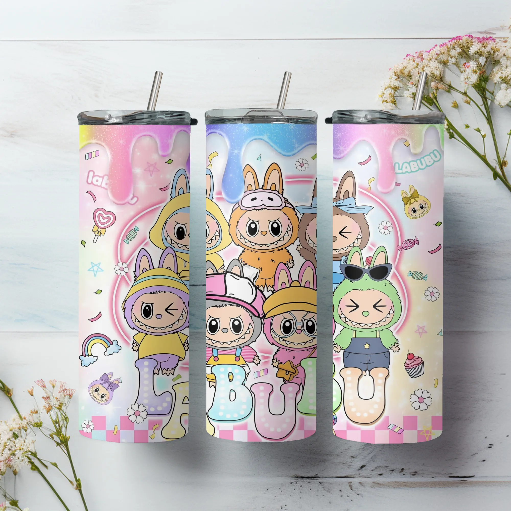 Product image for Labubu inspired 20oz stainless steel reusable tumbler with lid and straw