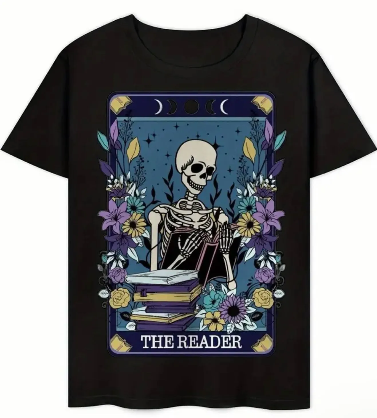 Product image for Black Unisex XL T-shirt, "The Reader" Skeleton Tarot Card Design, NWT