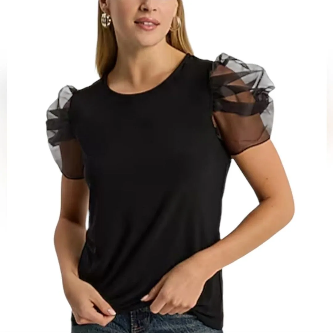 Product image for Tash + Sophie Black Sheer Puff Sleeve Top Size Small 