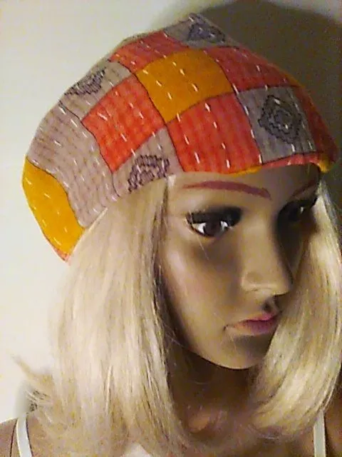 Product image for H100. Headband Kantha Orange Marigold Gray Squares Cotton Handmade Boho Hippie Gypsy