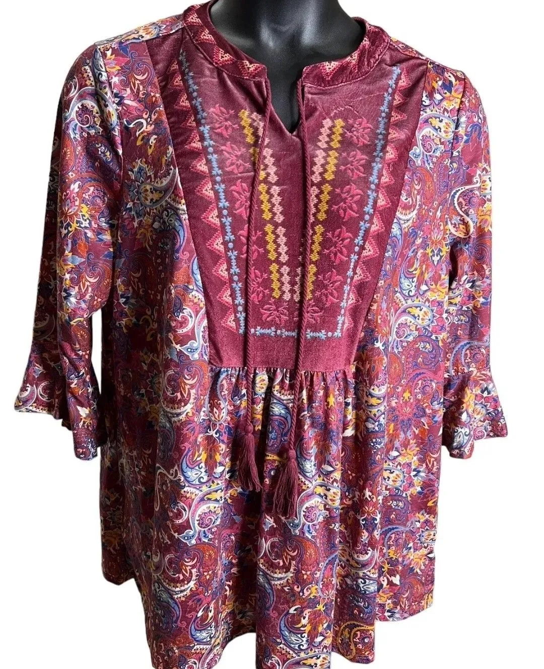 Product image for 26 - NWT Farmers Market By One World Maroon Floral Velvet Front Tie Top Size XL