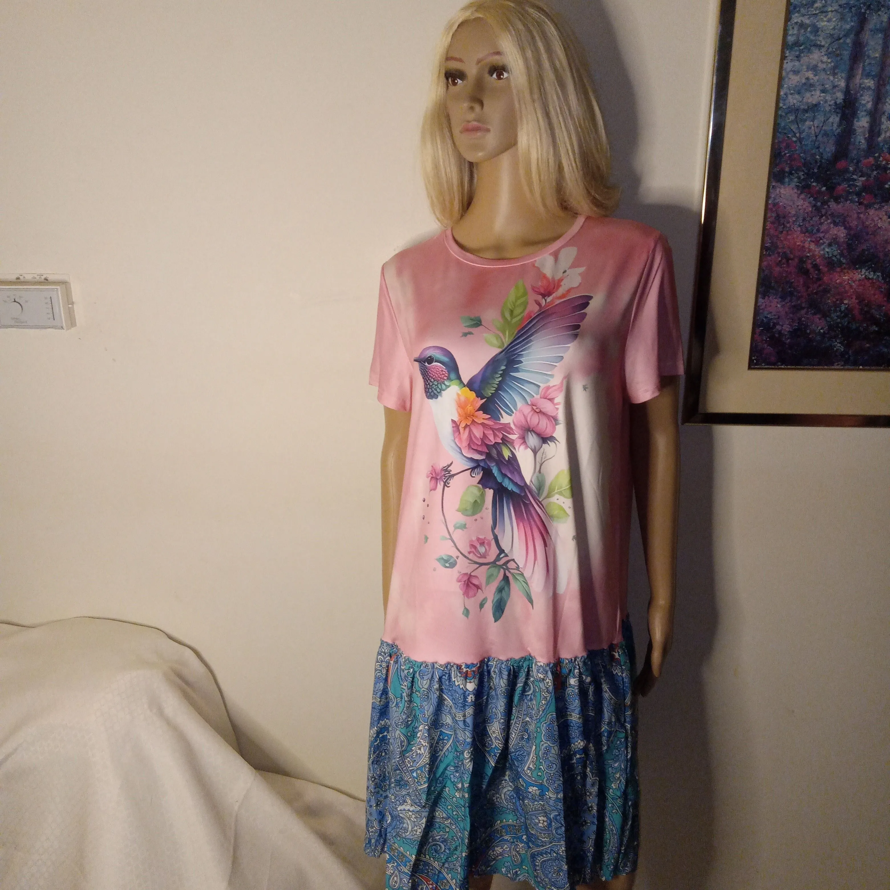 Product image for D9. Dress Hummingbird L-XL Pink Colorful Tee With Blue Skirt Attached New Upcycled