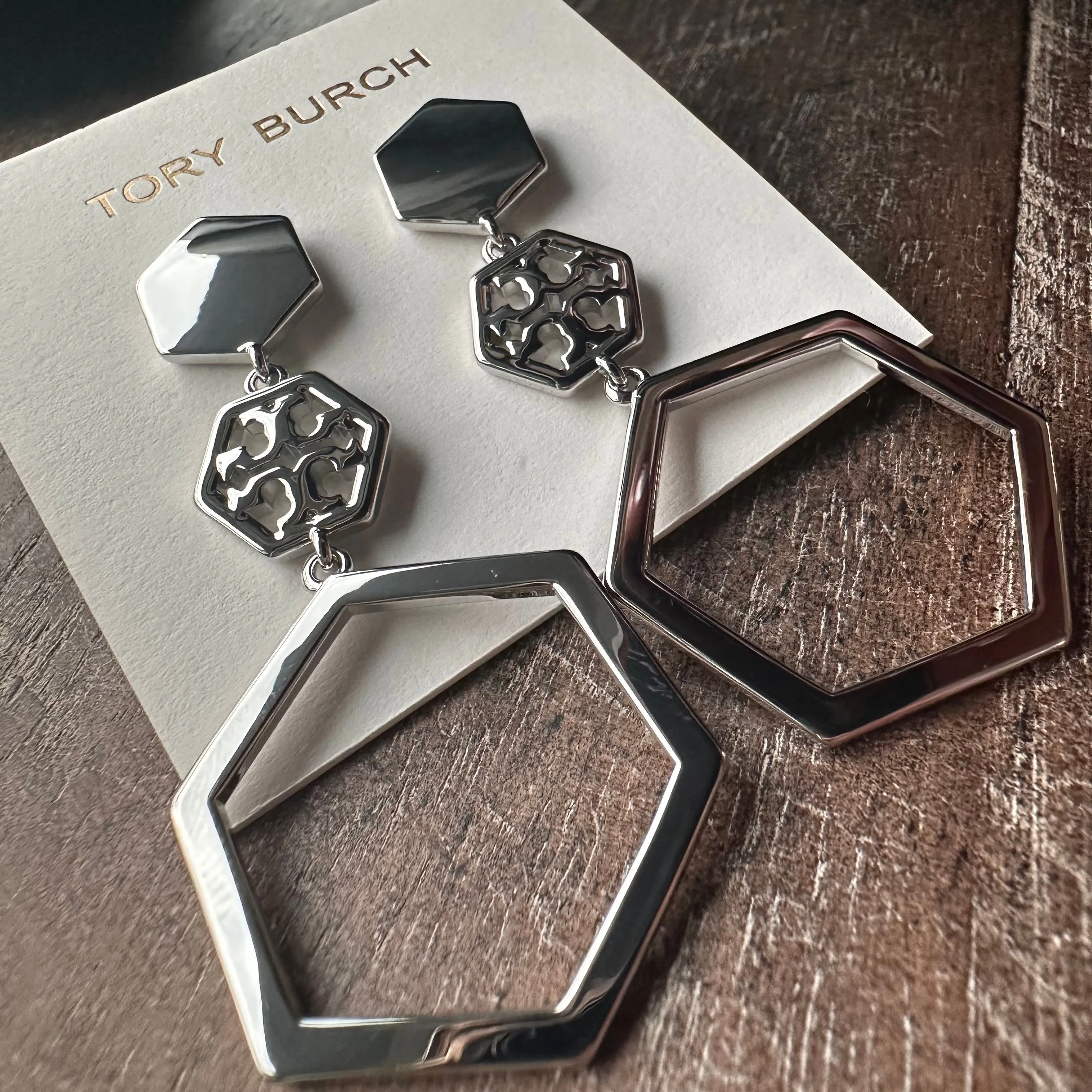 Product image for New Tory Burch Hex Logo Statement Drop Dangle Earring; Silver on TB earring card