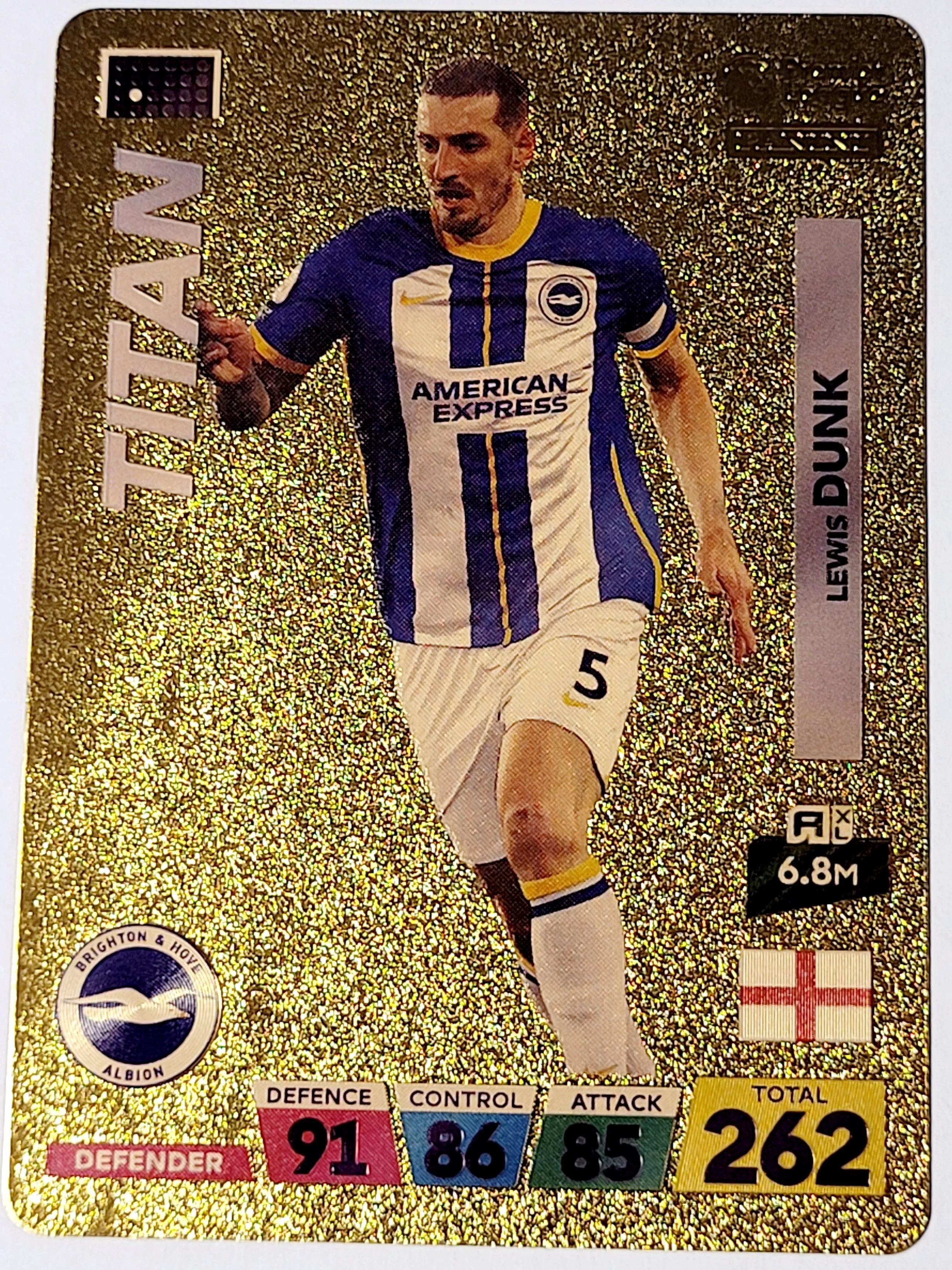 Product image for 2022 Lewis Dunk Panini World Soccer Qatar Titan Stars Plastic Gold Color Card NM Condition. This is 