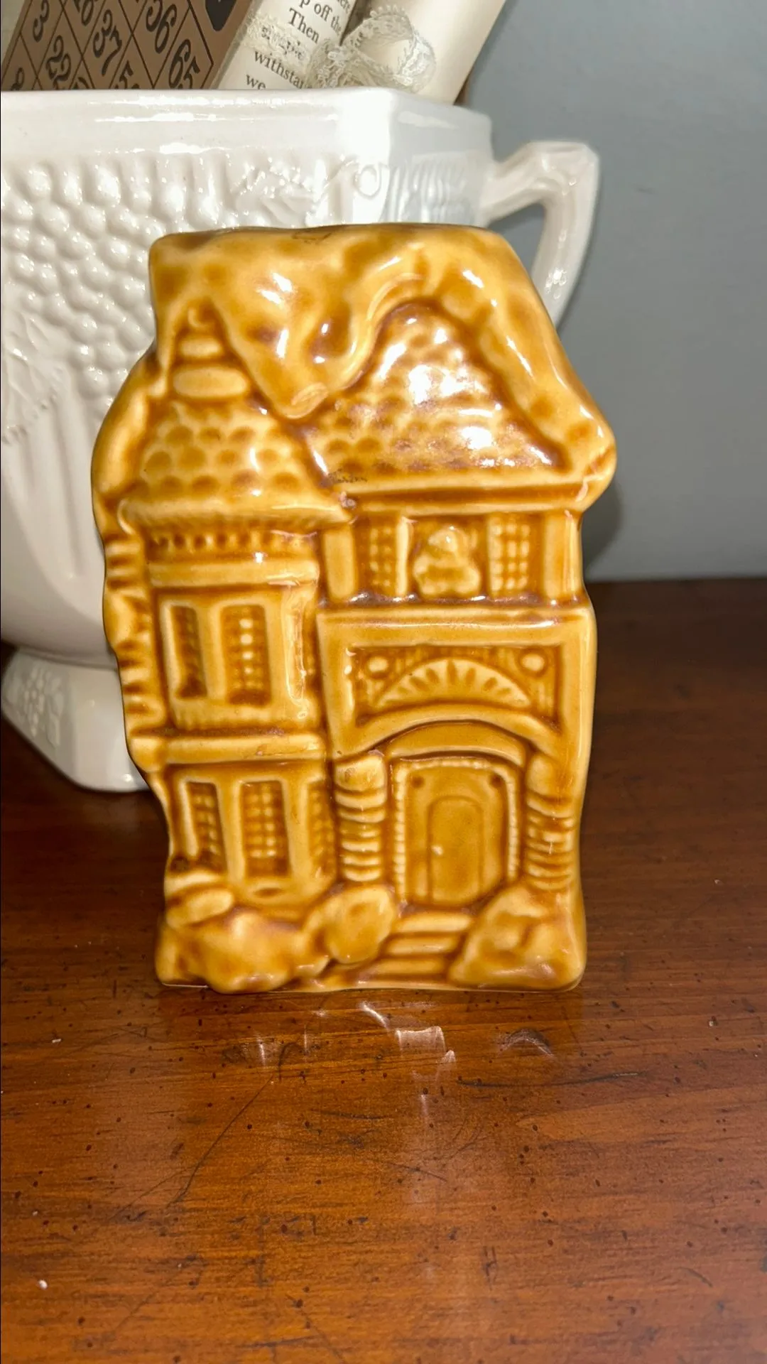 Product image for 2055. Vintage Wall Pocket Fireplace Matches Holder Hand Painted Mansion