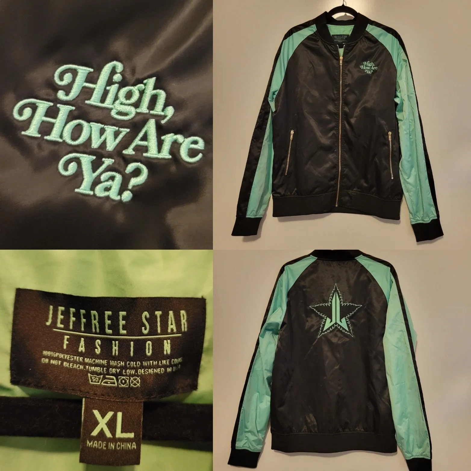 Product image for NEW JEFFREE STAR SATIN BOMBER JACKET - XL - HIGH HOW ARE YA  EMBROIDERED FULL ZIP GREEN BLACK COAT 