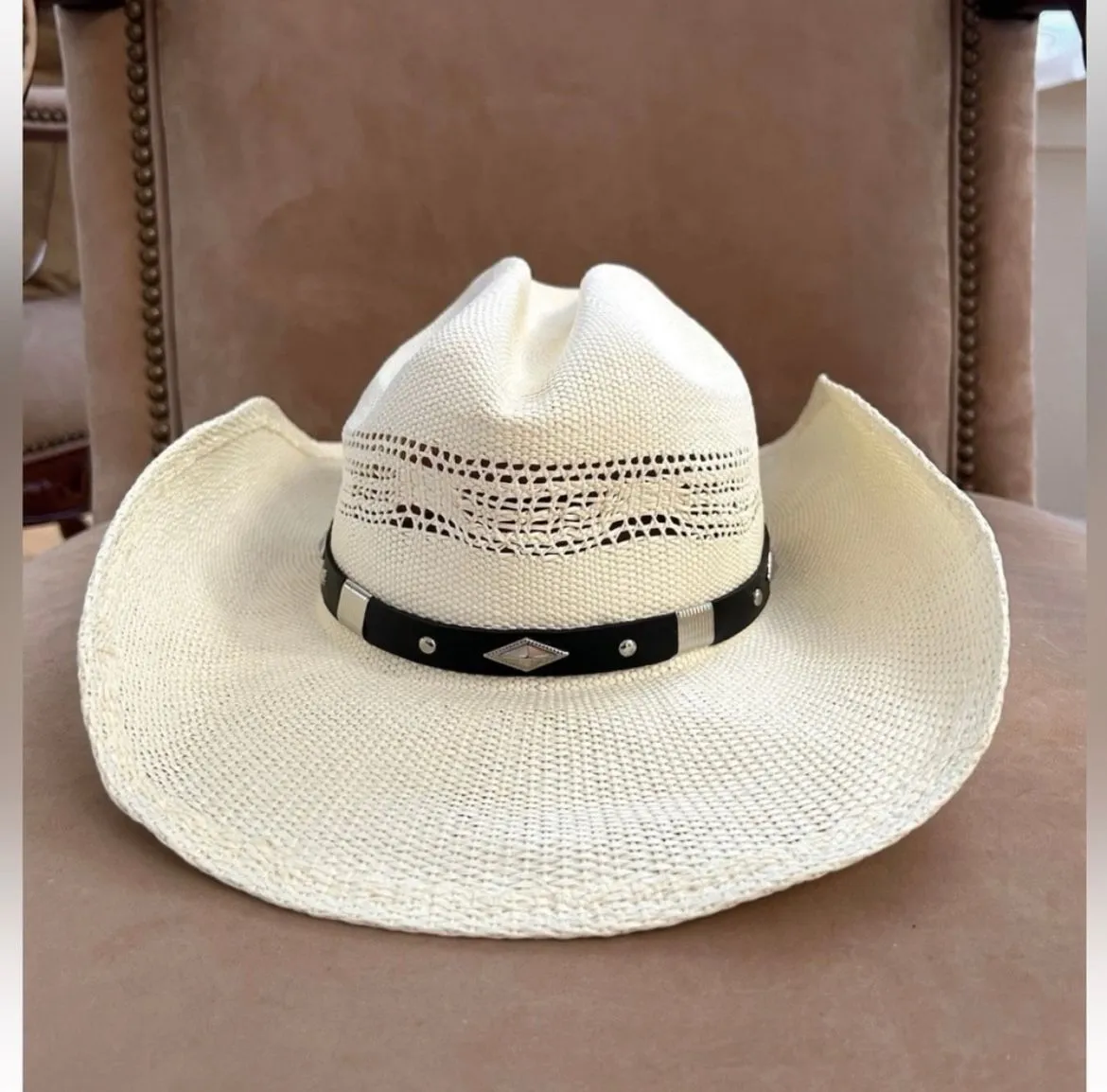 Product image for Straw Cowboy Hat Cream White with Black & Silver Hatband (fits up to 22.38”)