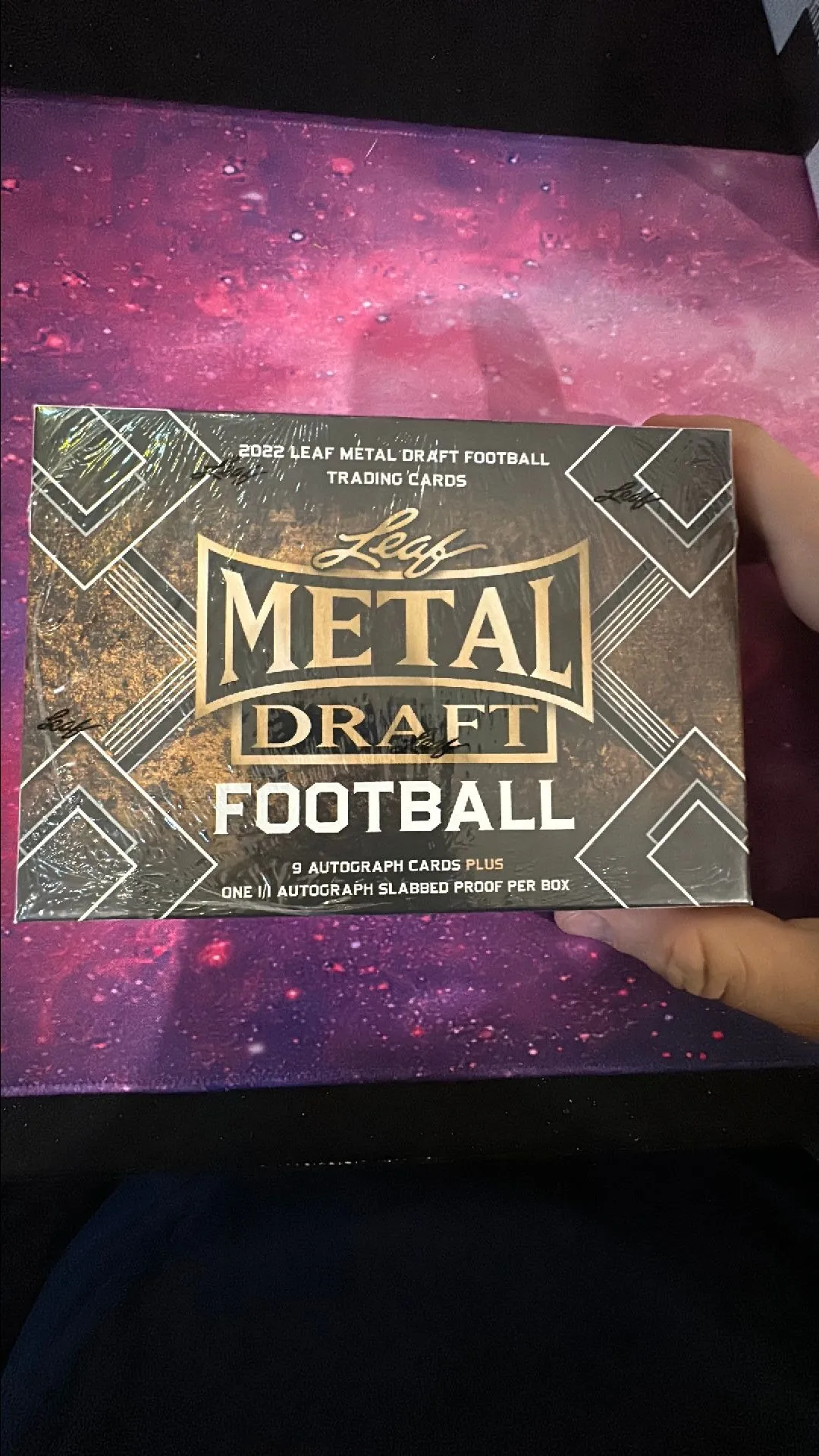 Product image for ( 1 )  2022 Leaf Metal Draft Football Jumbo (GOLD) Hobby Box 10 Autos Per Box /w 1/1 included