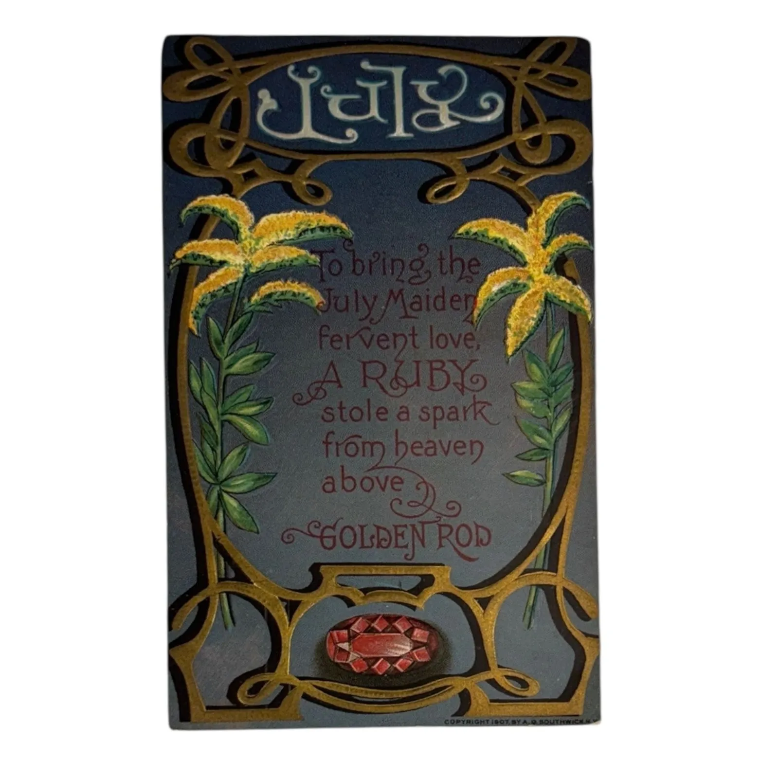 Product image for JULY BORN MAIDEN * Postcard * Ruby Gem * Golden Rod Flower * Embossed Blank