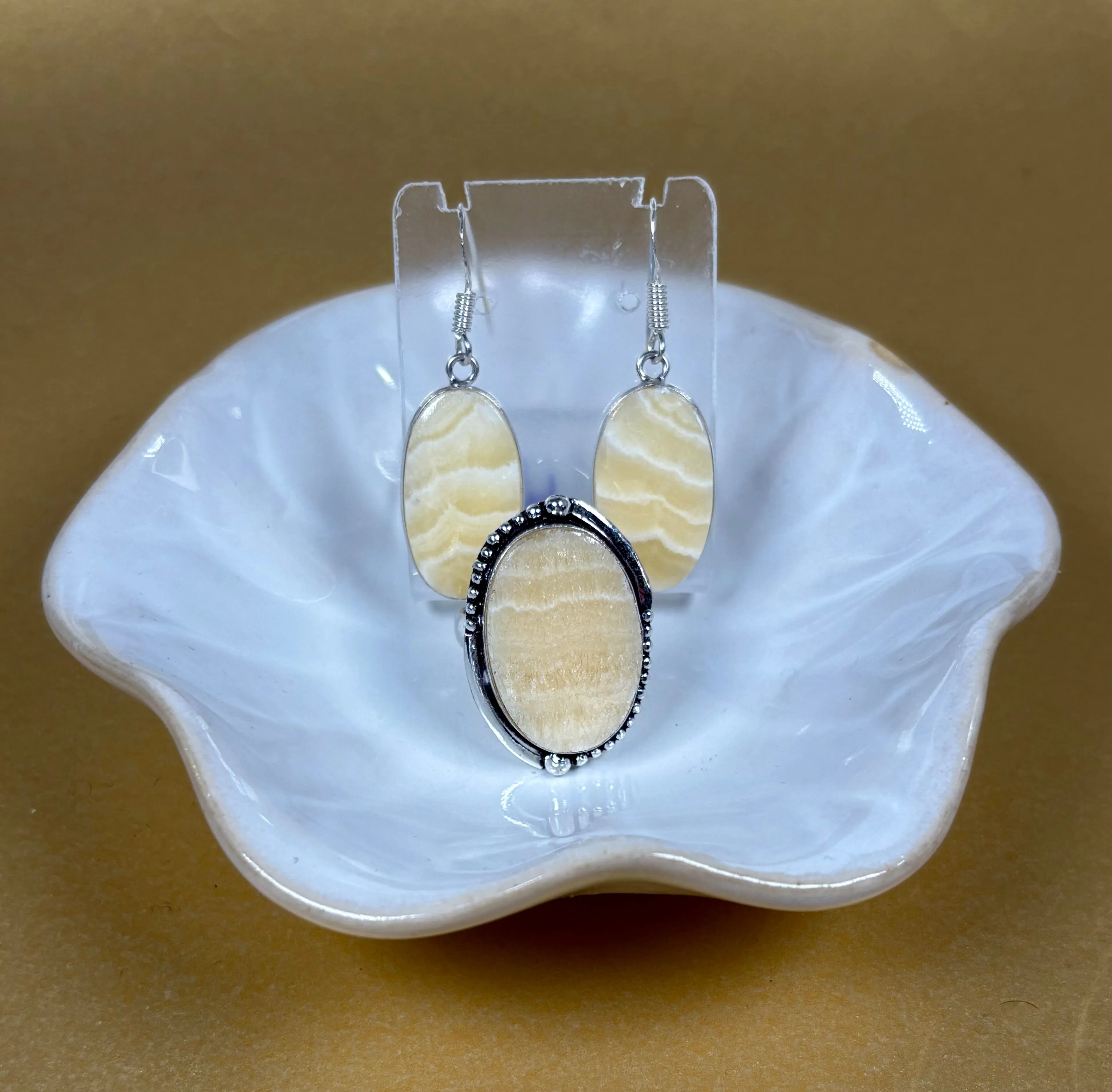 Product image for #3C: 💛 Golden Calcite Ring & Earring Set – Sterling Over Brass – Size 7 💛