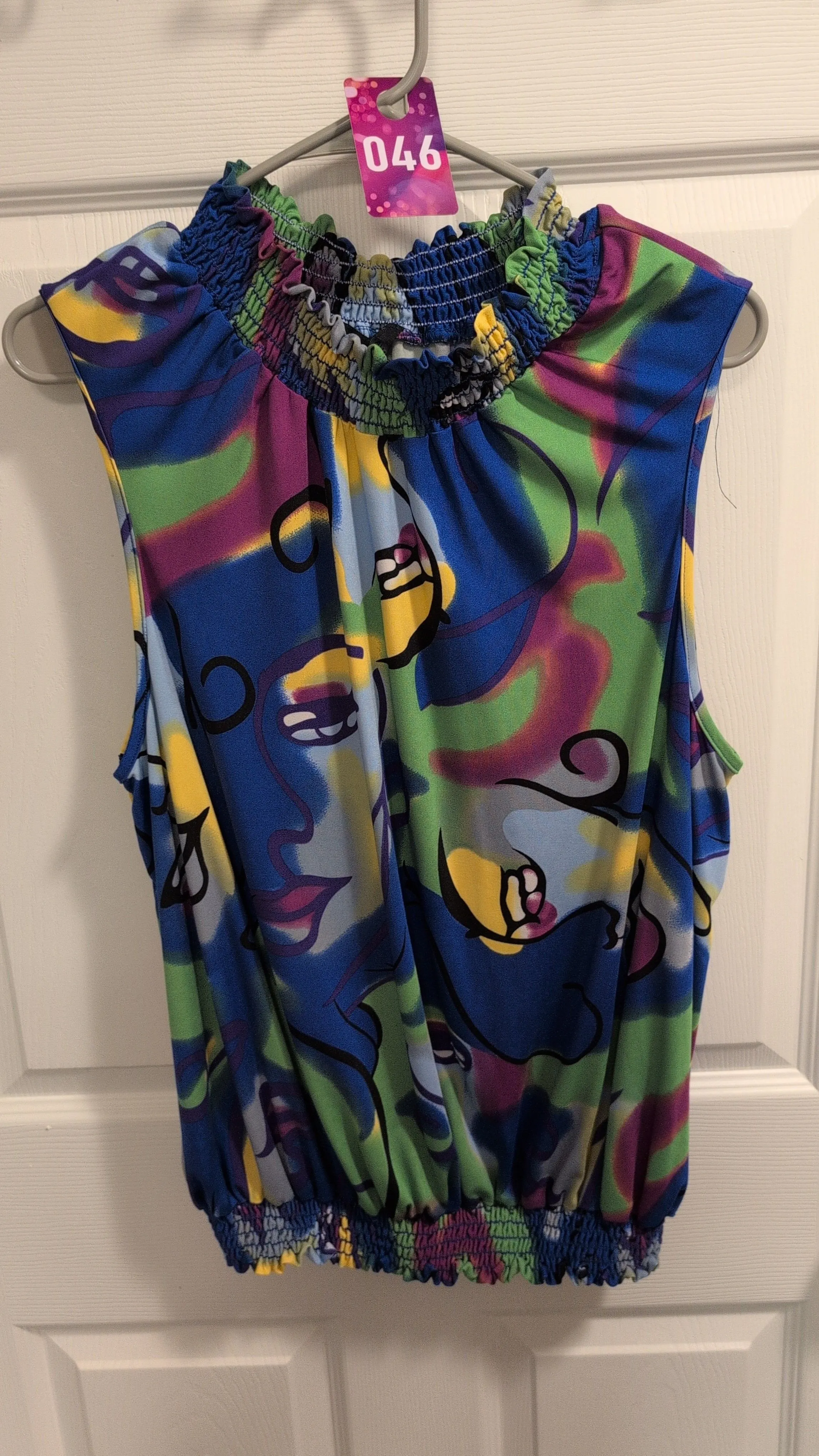 Product image for 046 Ashley Stewart abstract faces colorful tank smocked size 18/20 2X