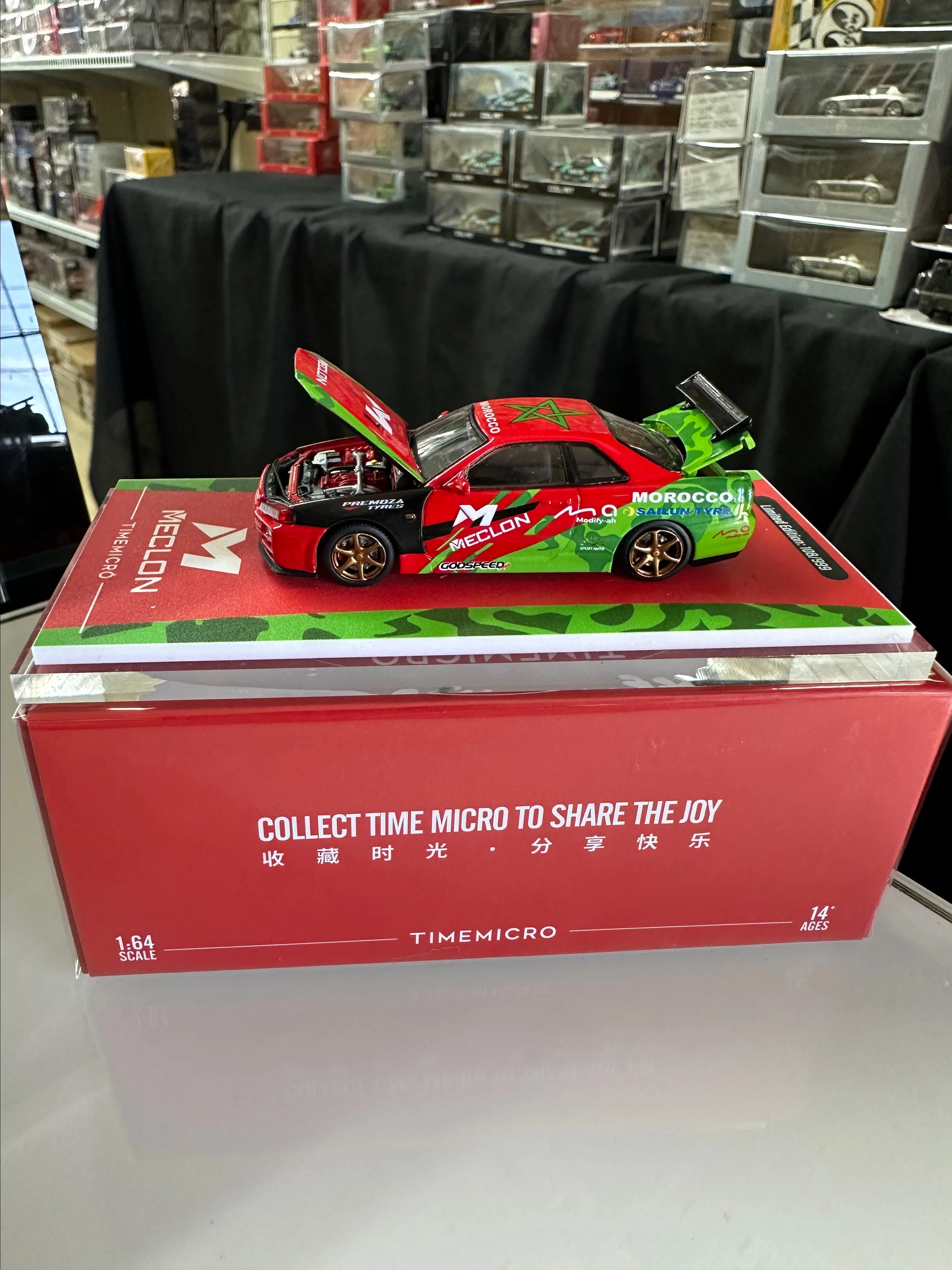 Product image for NISSAN SKYLINE GT-R R 34 MECLON HOOD & TRUNK OPENS 1/64 CAR BY TIME MICRO TM