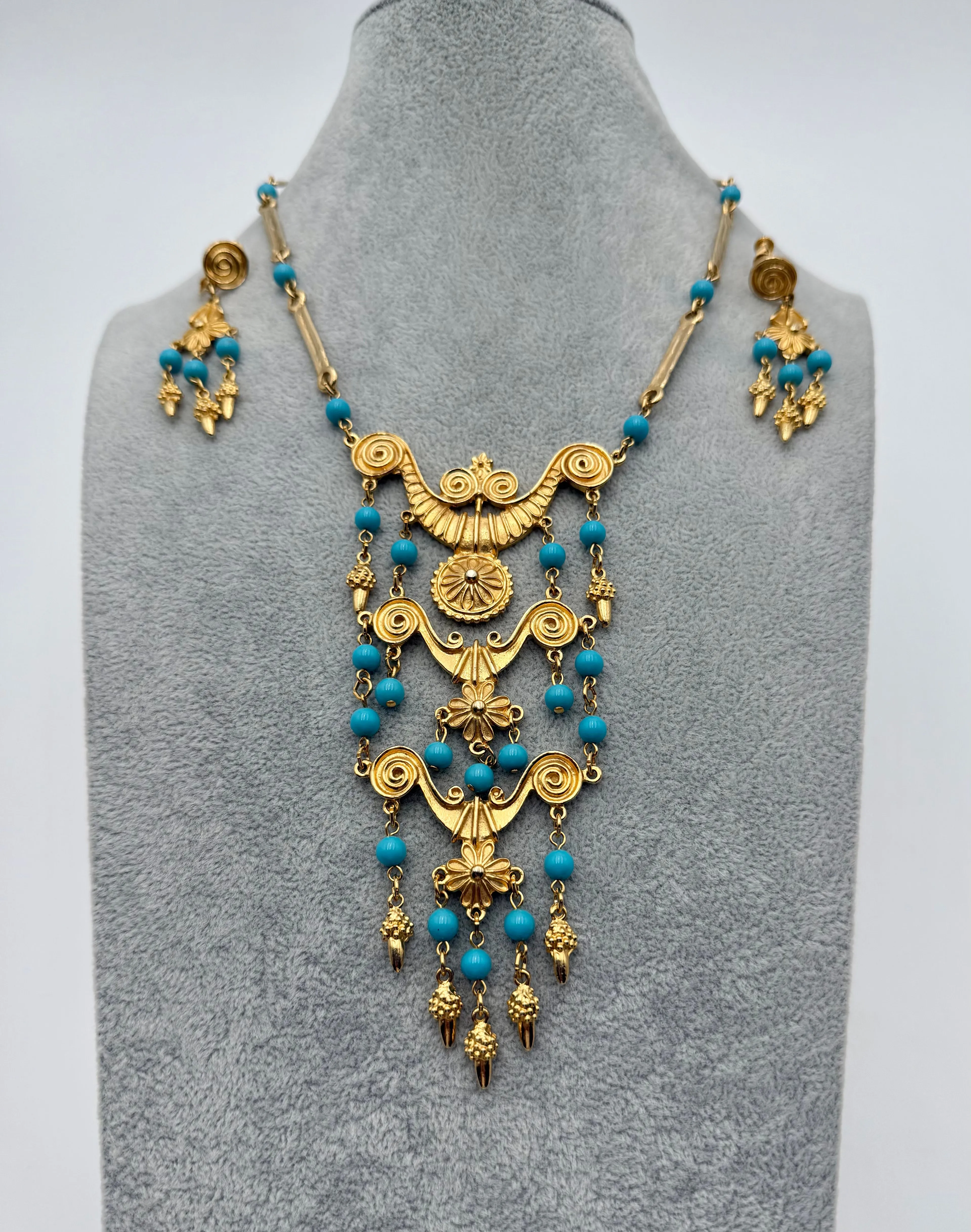 Product image for Likely Unsigned Goldette Set Necklace & Earrings  Etruscan Line Goldtone and Faux Turquoise Beads.