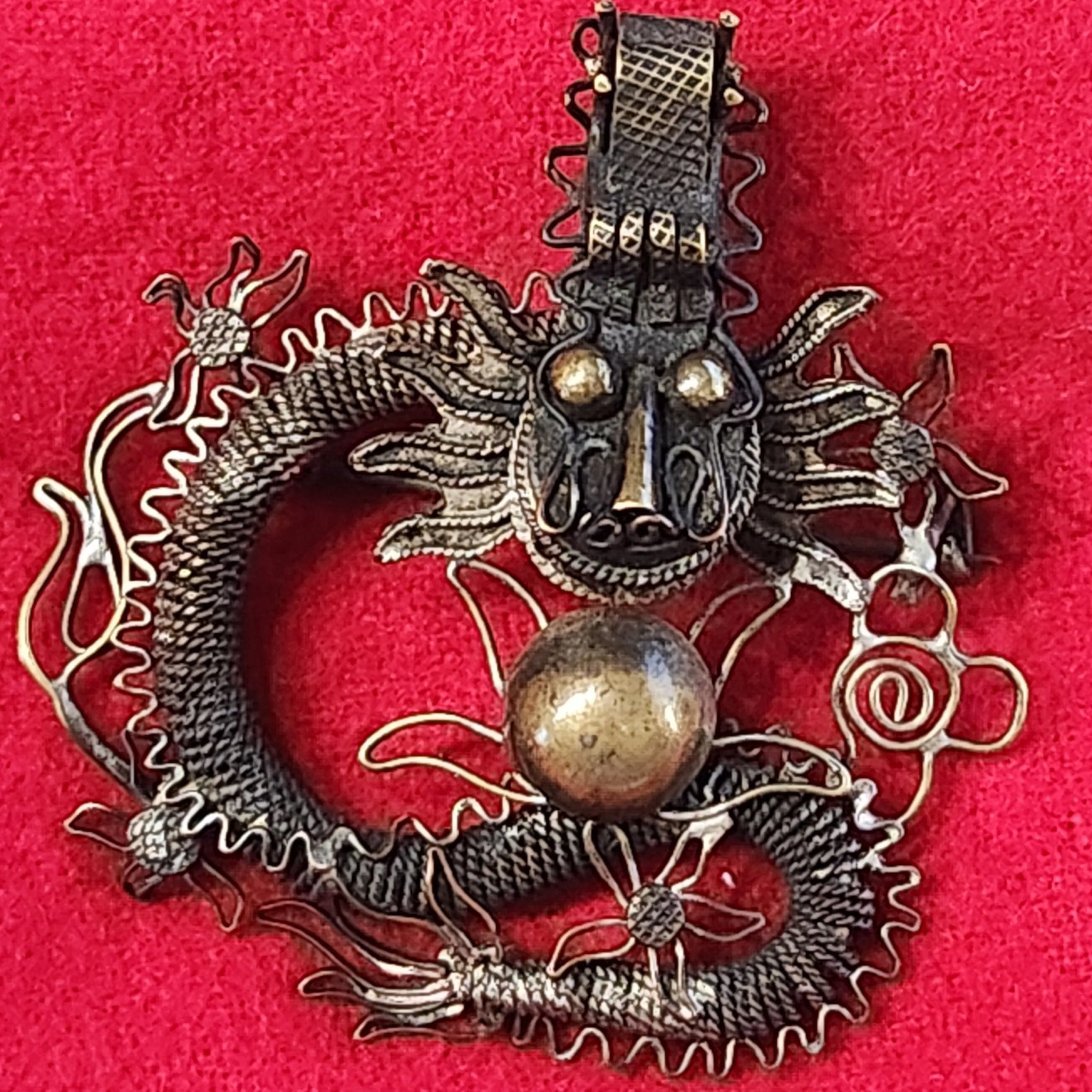 Product image for Antique Chinese Export Silver Vermeil Dragon Brooch Pendant Filigree Handmade