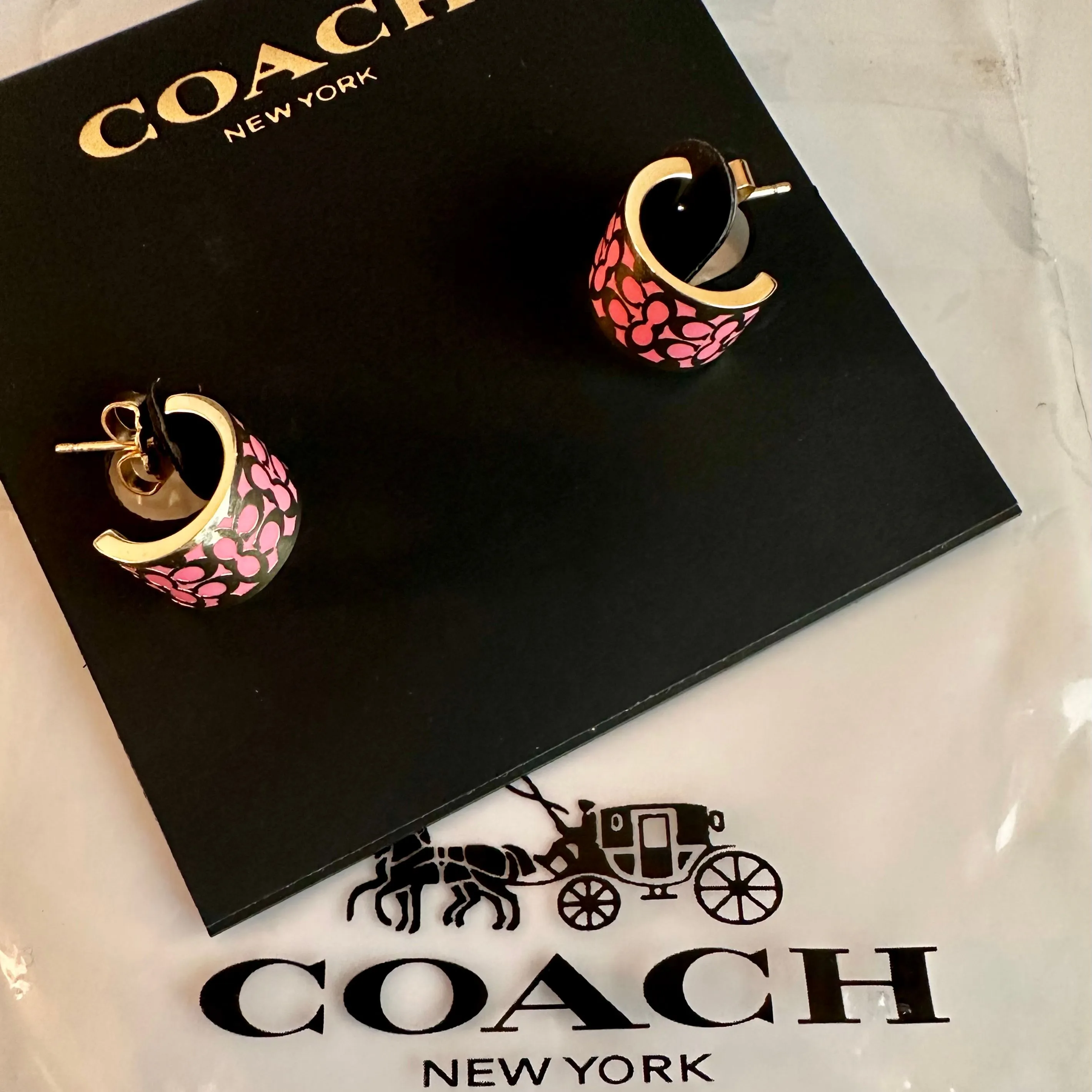 Product image for NWT COACH SIGNATURE C HUGGIE EARRINGS: PINK/GOLD C7770 MSRP $88
