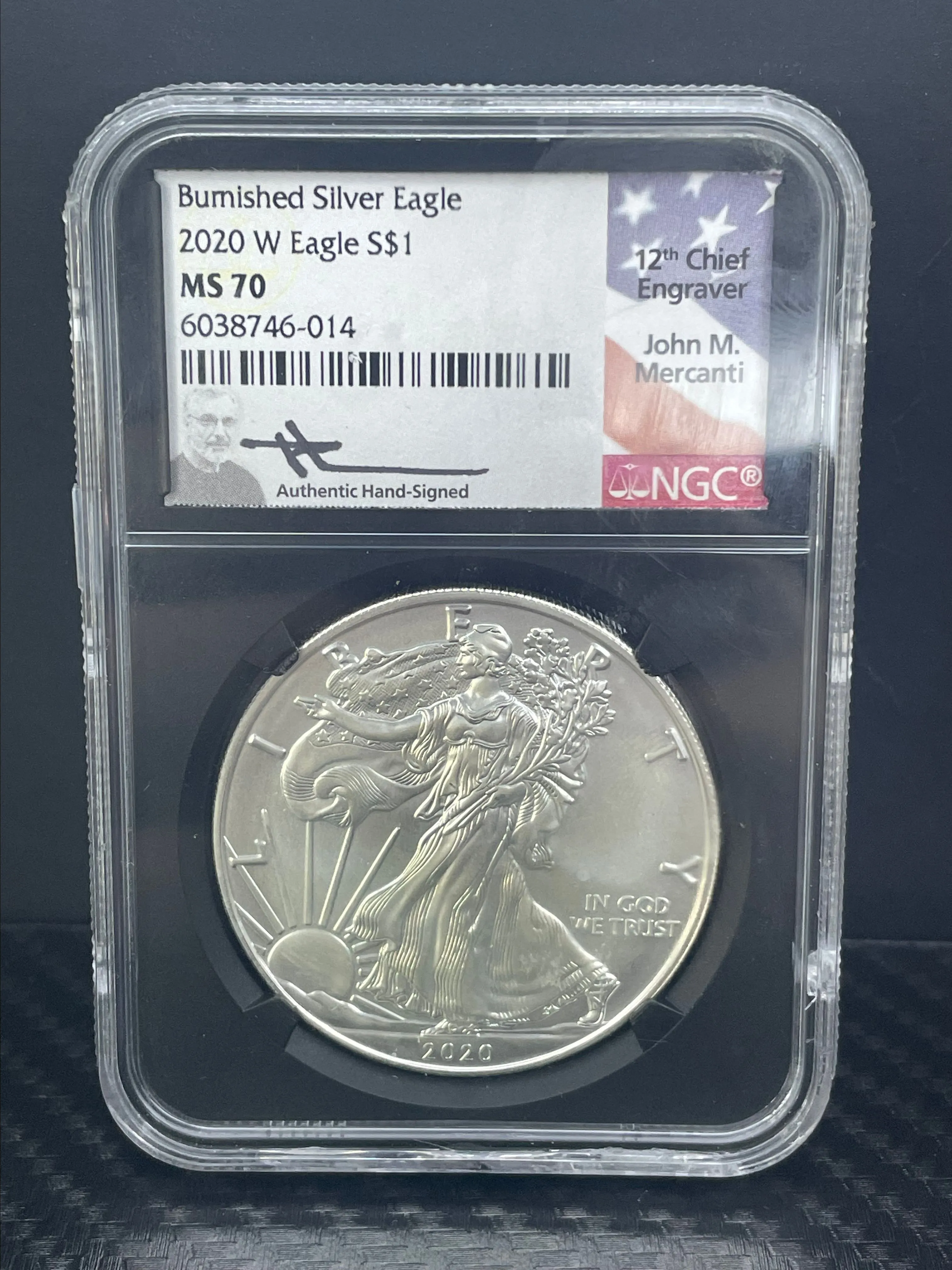 Product image for 2020-W MS70 Burnished Silver Eagle !JOHN MERCANTI HAND SIGNED!
