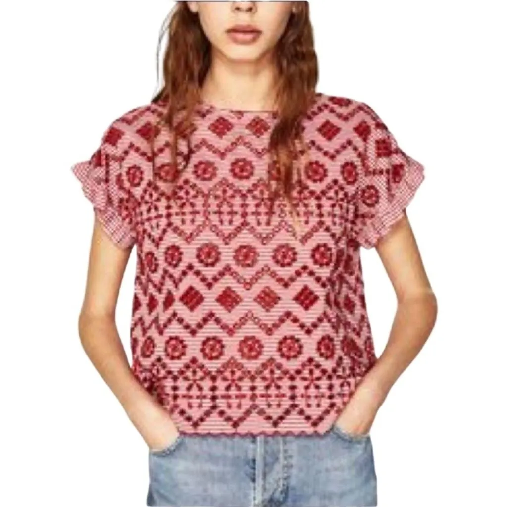 Product image for 45. Zara Red Boxy Ruffled Blouse