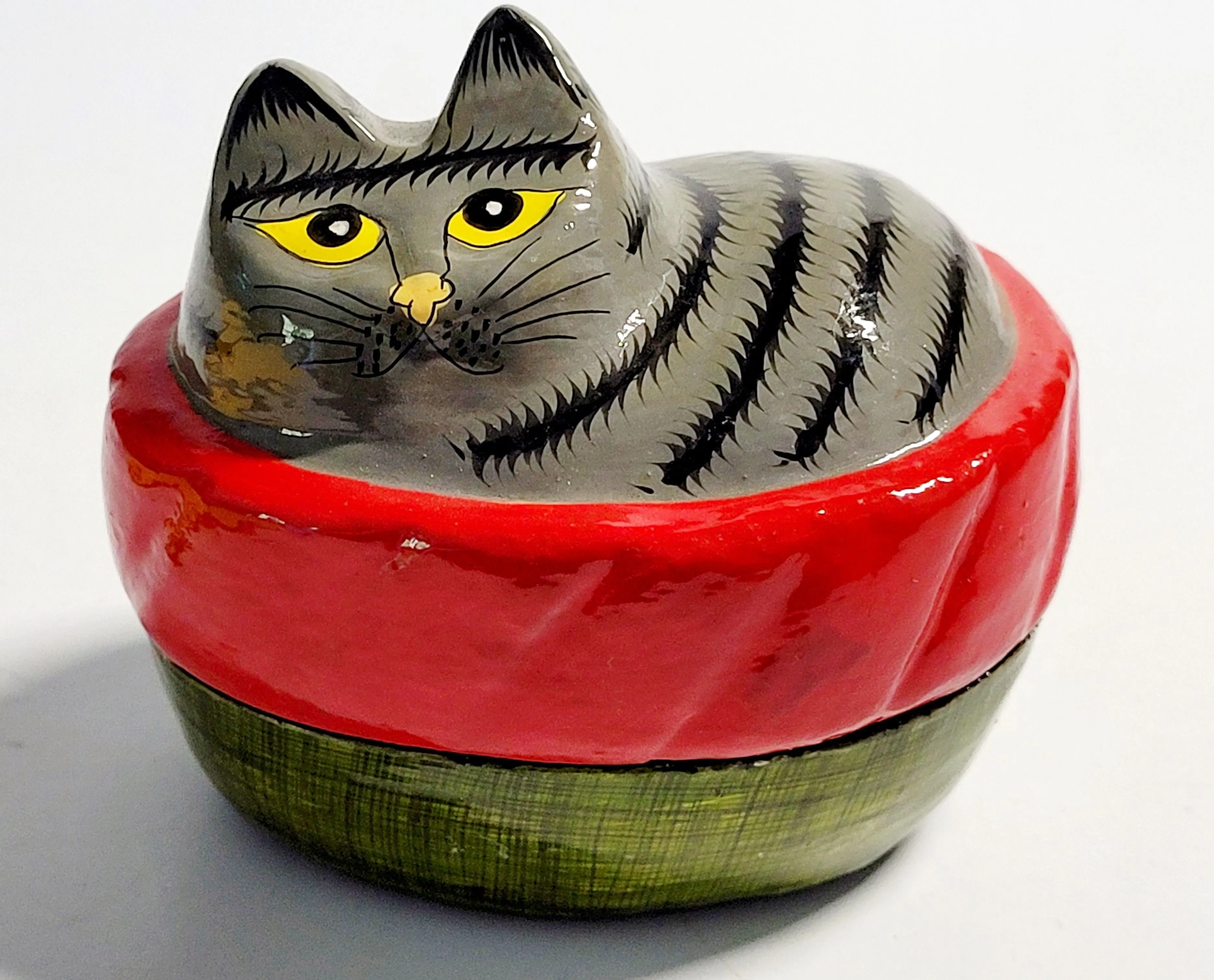 Product image for Handmade Paper Machete Cat Trinket Box Striped Cat Hand-painted SudhaStyle India. Handmade Paper Mac
