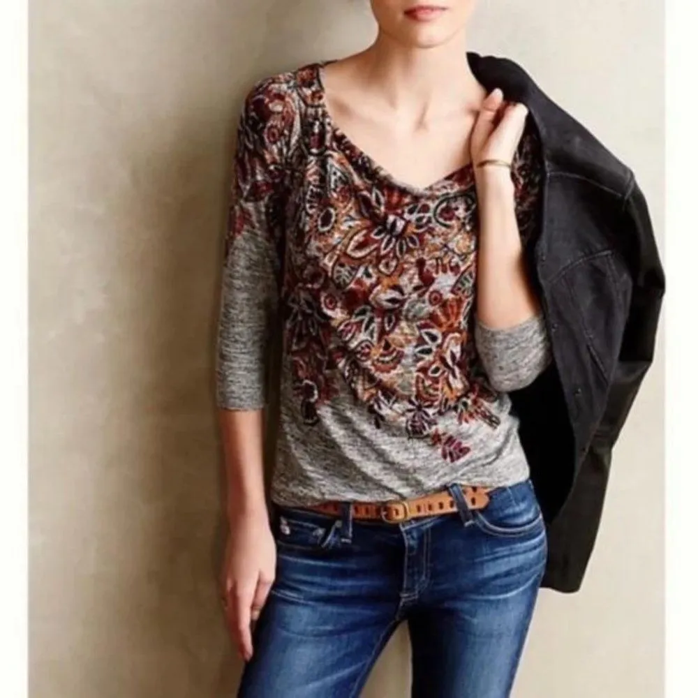 Product image for Anthropologie Postmark Jacaranda Floral Print Draped Cowl Neck 3/4 Sleeve Top Size Medium