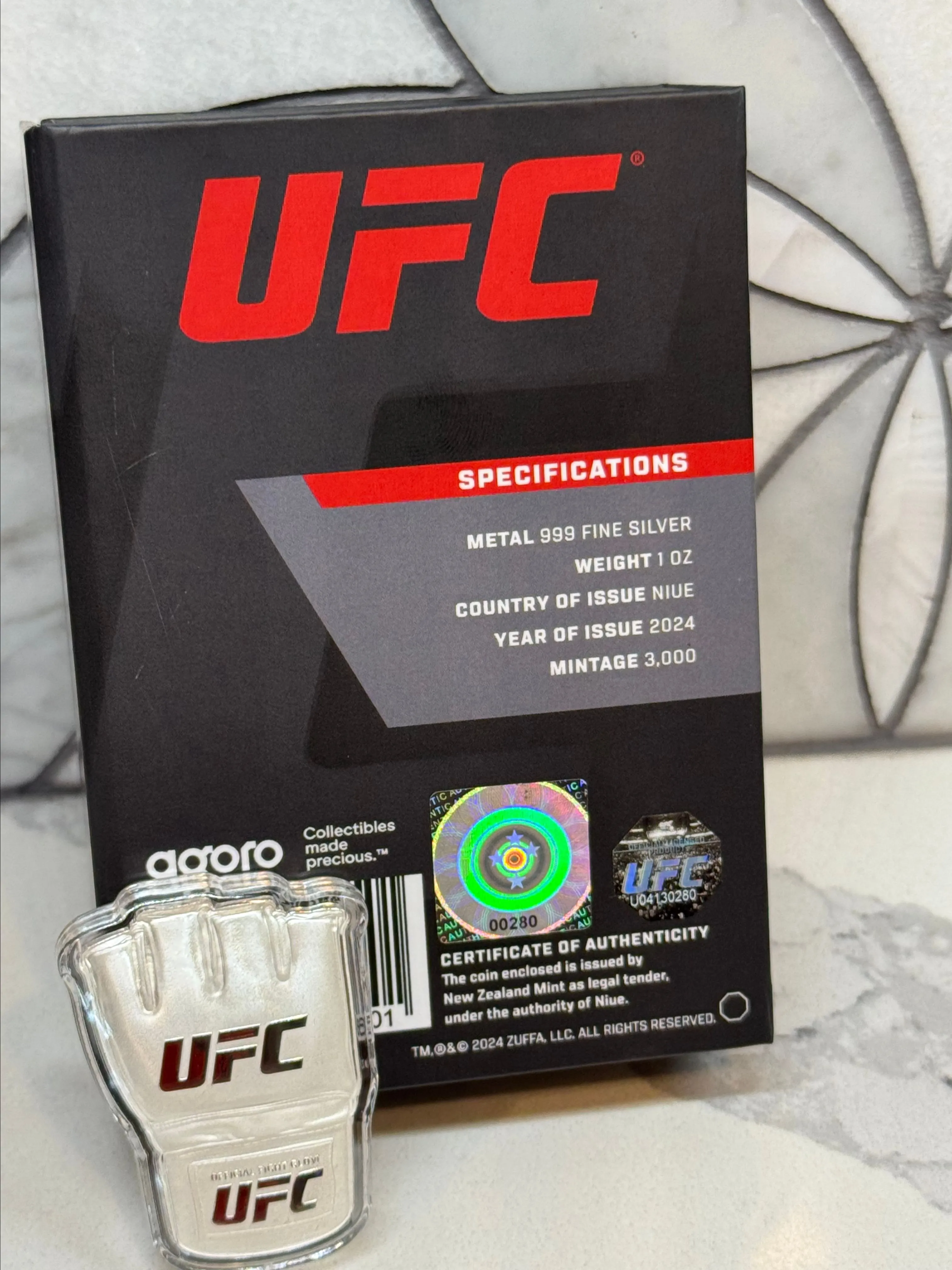Product image for 2024 Niue Agoro UFC Official Fight Glove 1 oz .999 Silver Shaped Proof Coin NZM