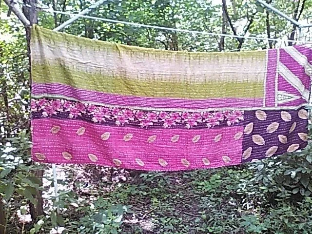 Product image for K4. Kantha Quilt Raspberry & Green Ombre 52" x 86" Handmade In India Patchwork 