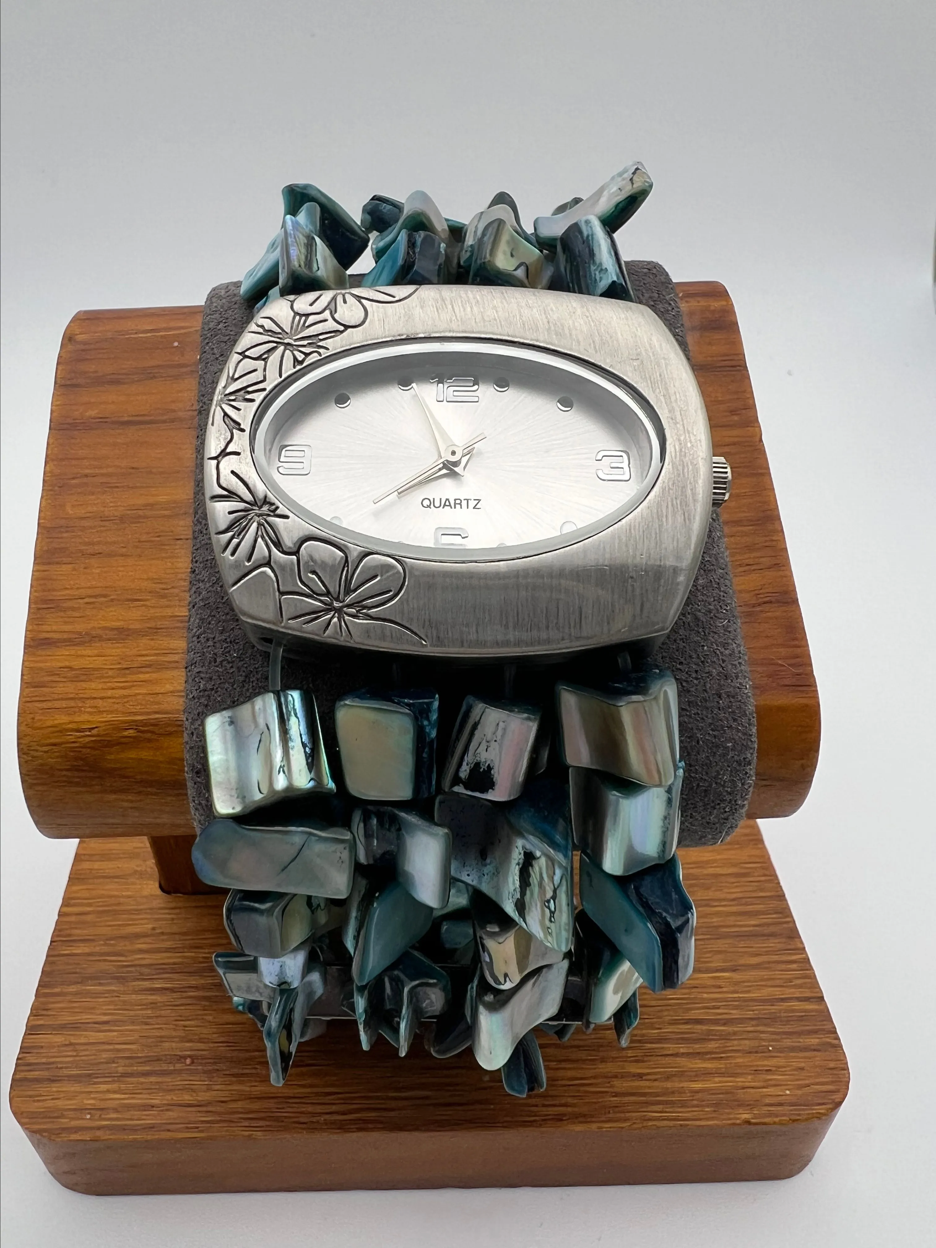 Product image for 4 strand bead watch, iridescent blue with flower details on face