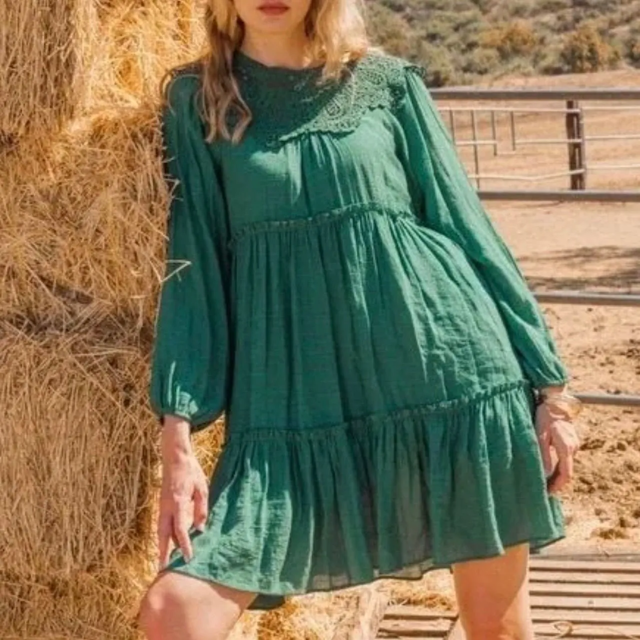 321 NWT / ODDI / Lace Neckline Tiered Tunic Dress / Forest Green (S,M)   Whatnot: Shop, Sell, Connect