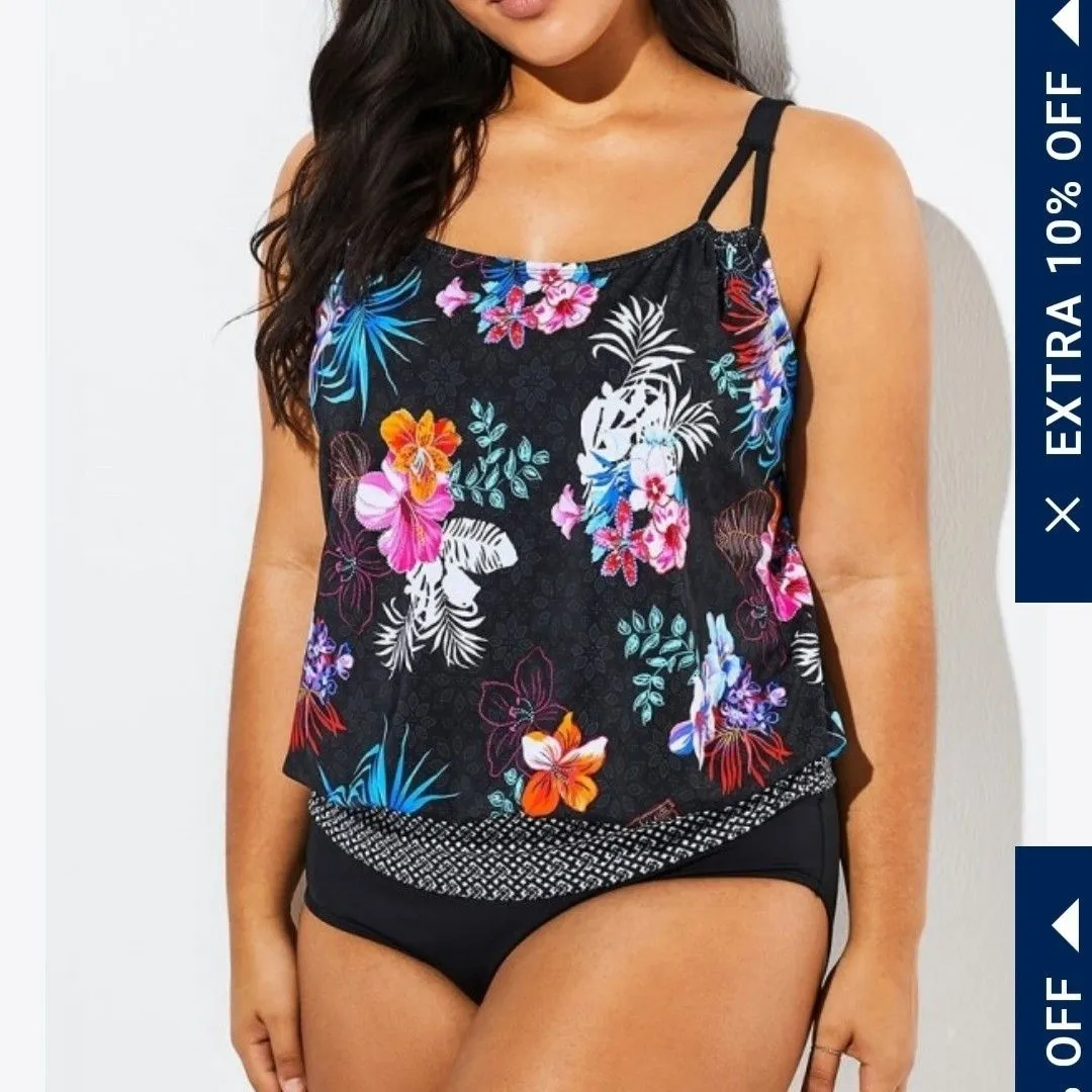 Product image for NEW Hawaiian Printed Blouson 2X TUMMY CONTROL One Piece Swimsuit