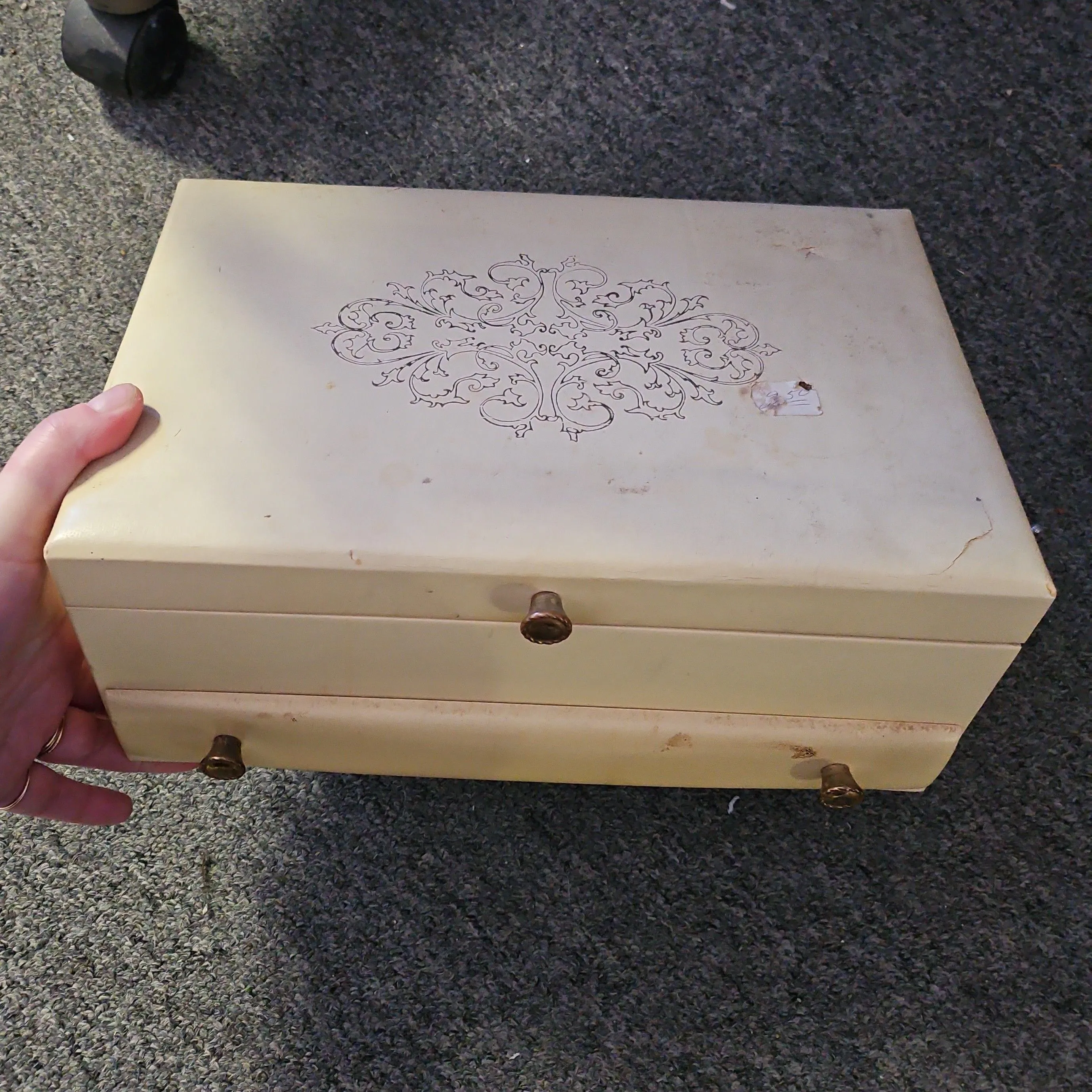 Product image for Vintage LARGE Lift Top Tan Ornate Detailing Red Velvet Interior Multiple Compartment Jewelry Box