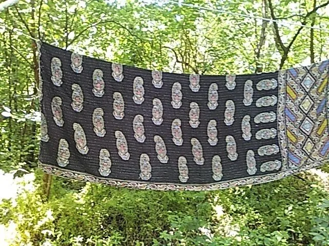 Product image for K7. Rare Kantha Handmade Quilt Black Tan Red Blue Lightweight Twin Size 