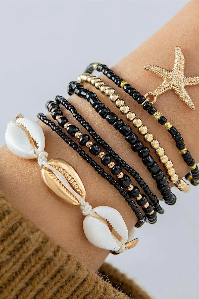 Product image for Boho Shell Bead Woven Starfish Bracelet Set - Black