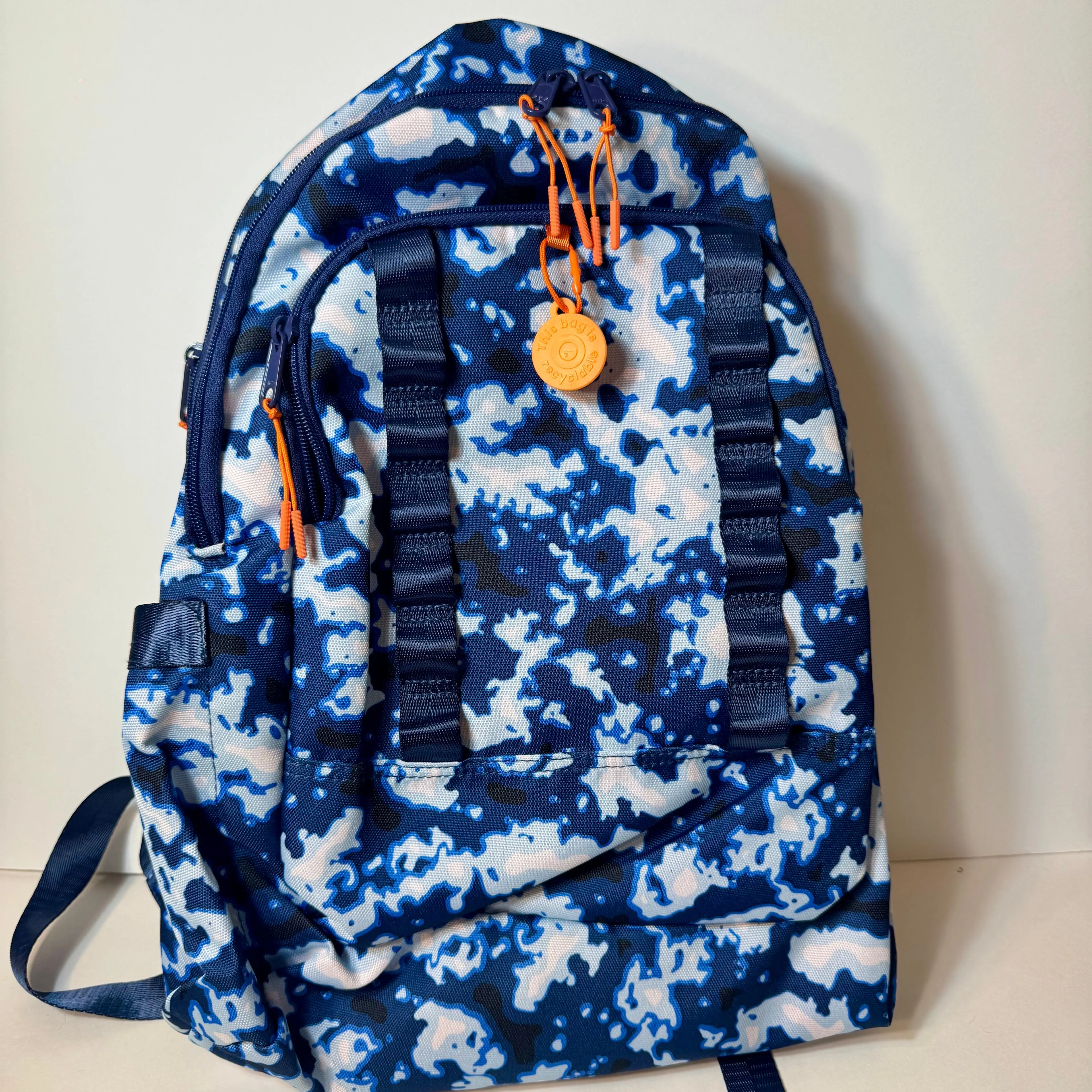 Product image for NWOT. Ecotech 17" Logan Backpack 100% Recyclable - Bleach Dye Navy color. bag that is 100% recyclabl