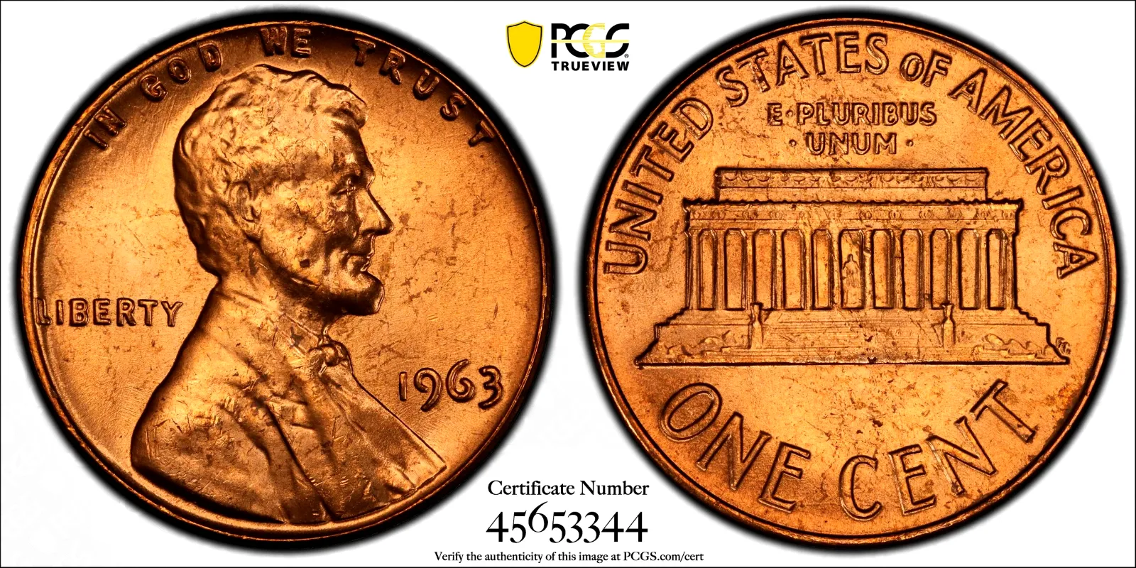 Product image for  1963 LINCOLN MEMORIAL CENT PCGS MS65RD
