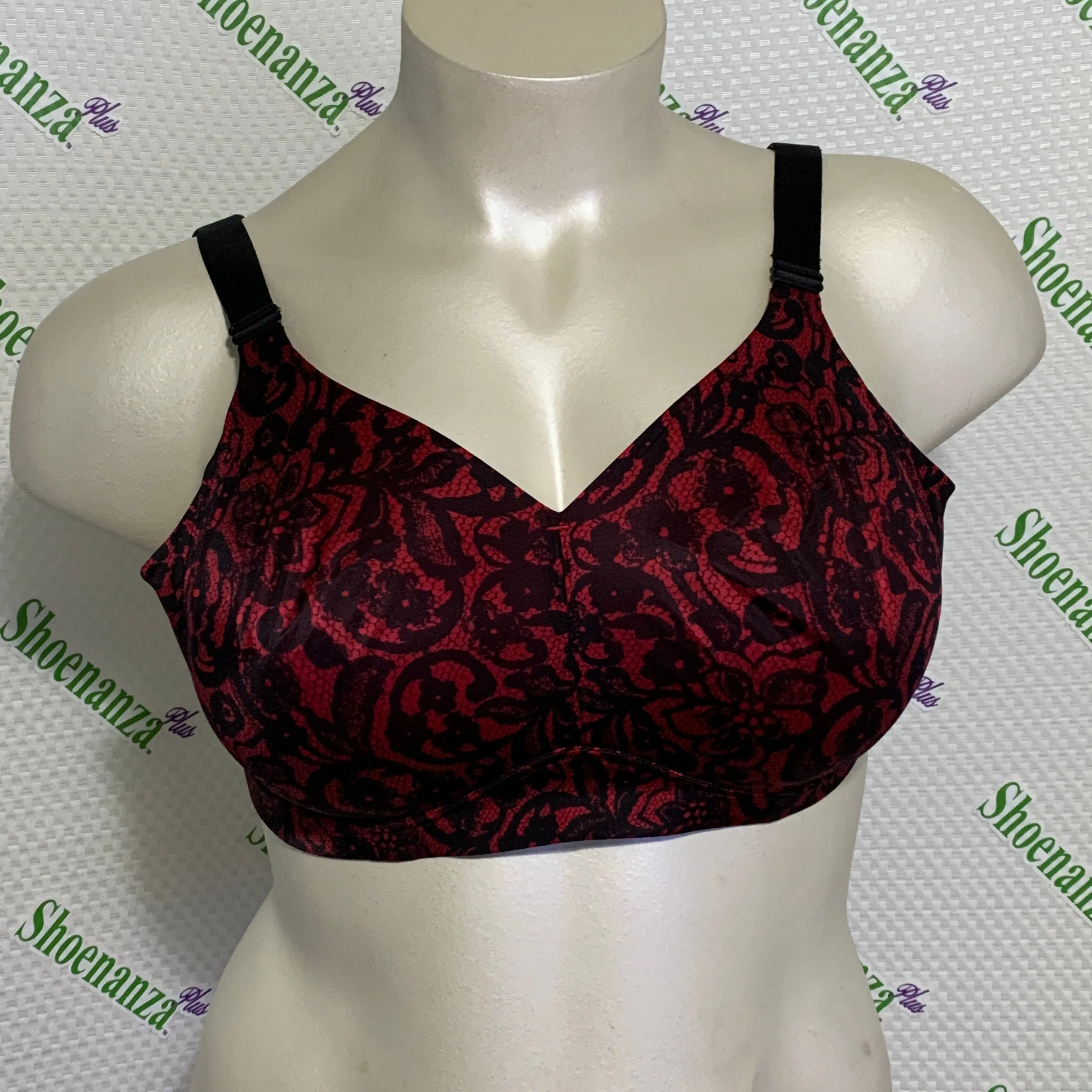 Product image for Catherines No Wire Back Smoother Bra Wireless Printed Lace Black Red Plus 46C