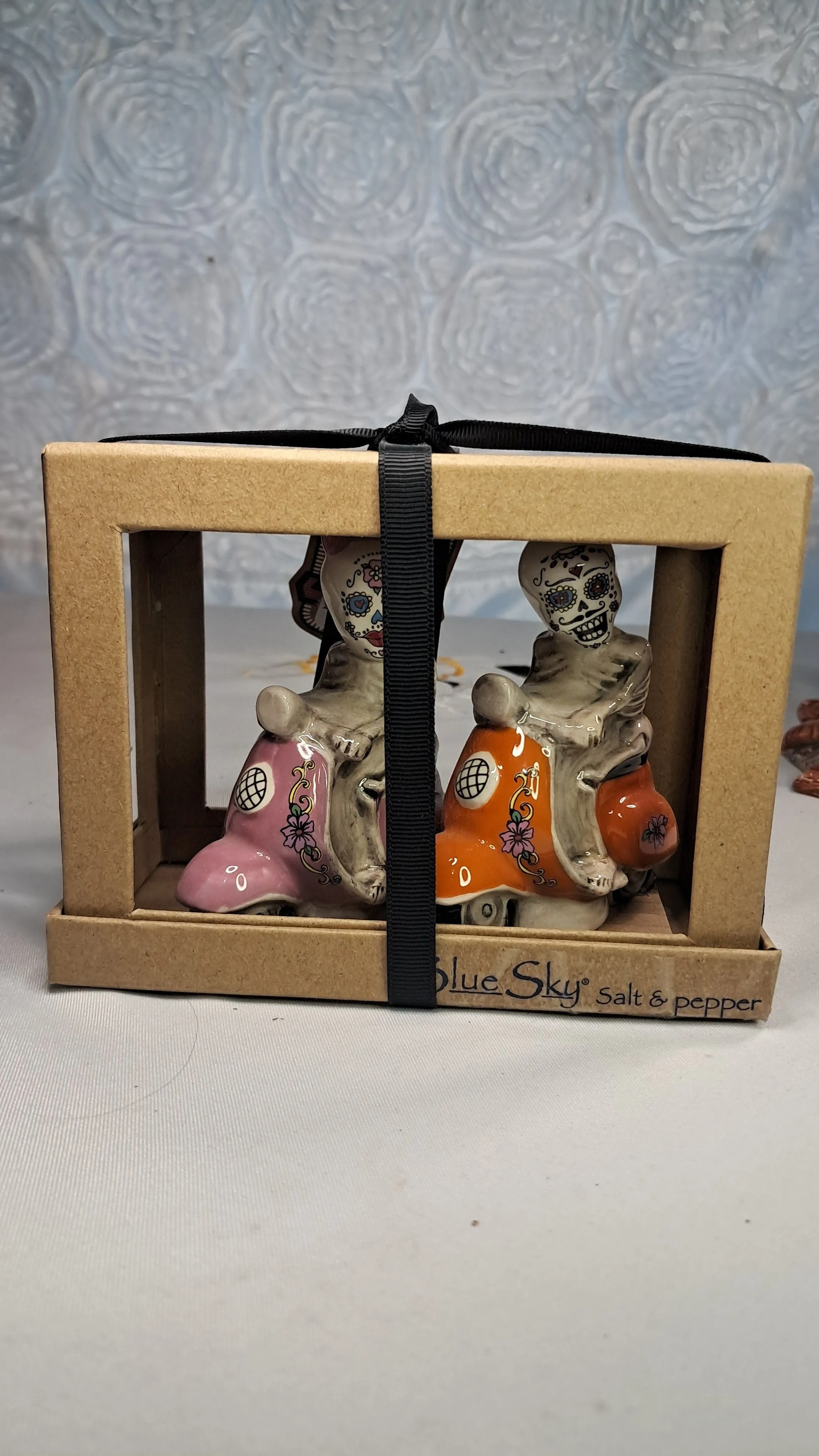 Product image for #10. Blue Sky Day of the Dead on Scooters NIB Salt and Pepper Set