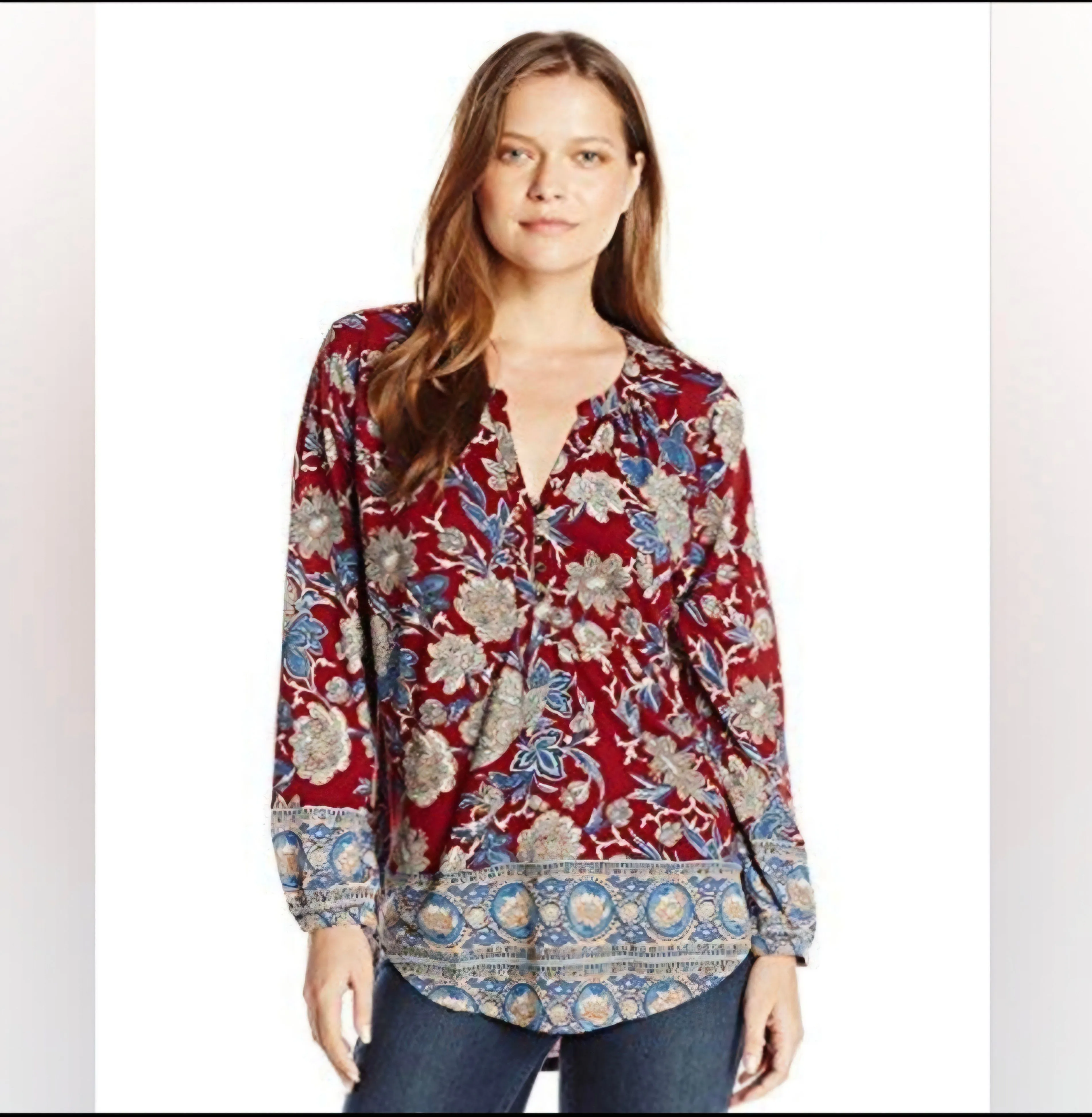 Product image for Lucky Brand Women's Size Large Hi-Low Burgundy Paisley Floral Boho Flowy Top EUC