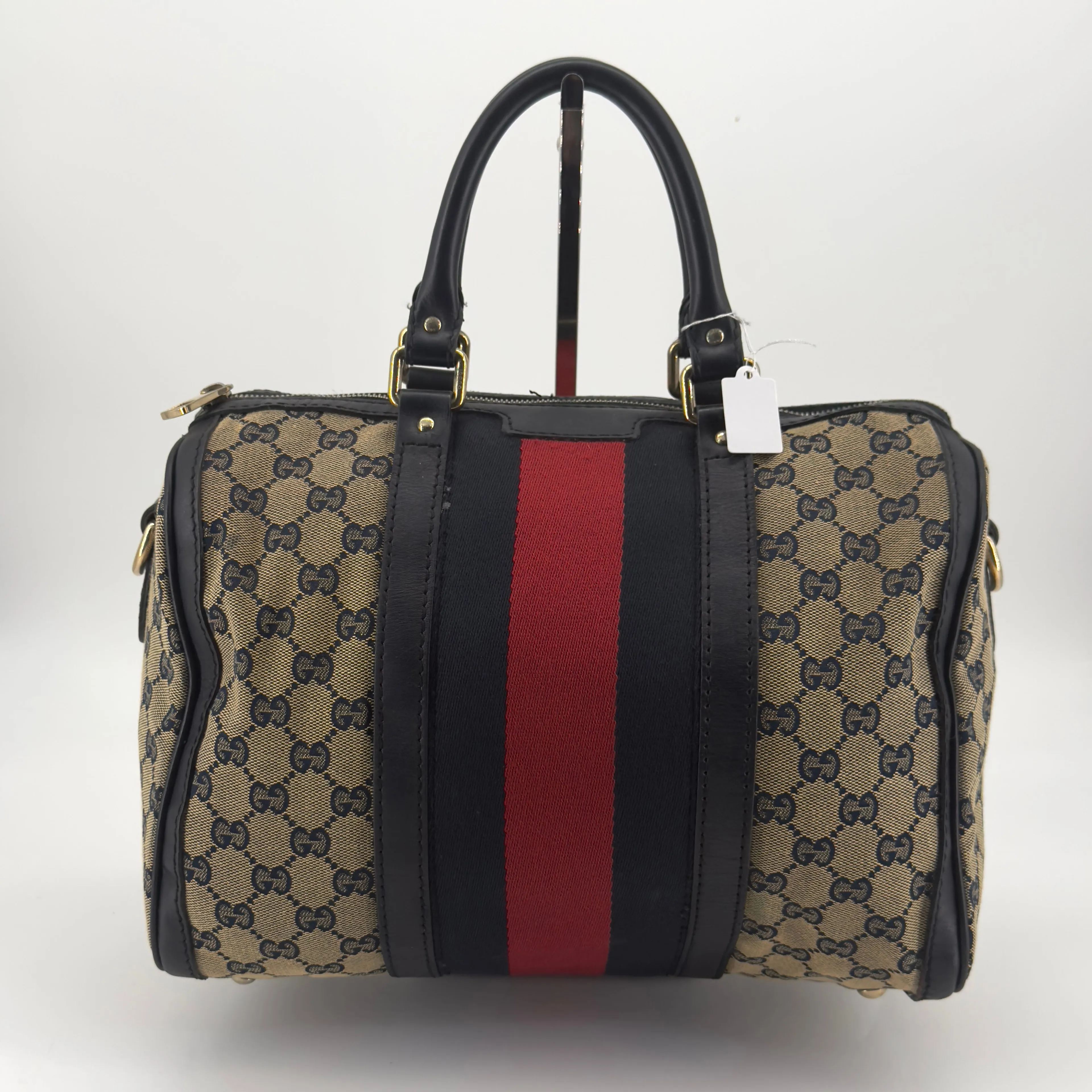 Product image for #1041 Gucci Boston Bag – GG Supreme Canvas with Red & Navy Web Stripe – Includes Strap