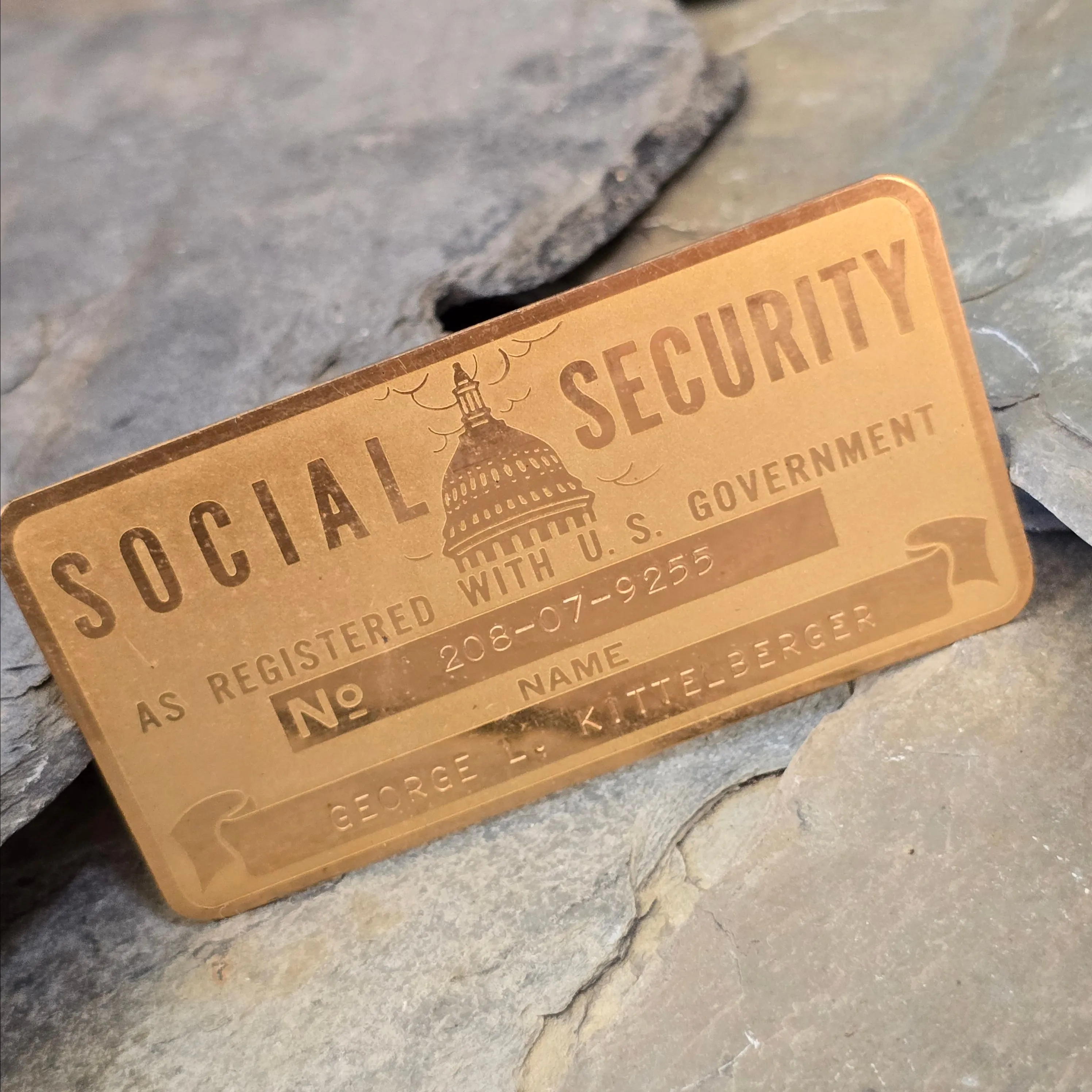 Product image for Vintage George L. Kittelberger Brass Social Security Card (WN-7-NF)