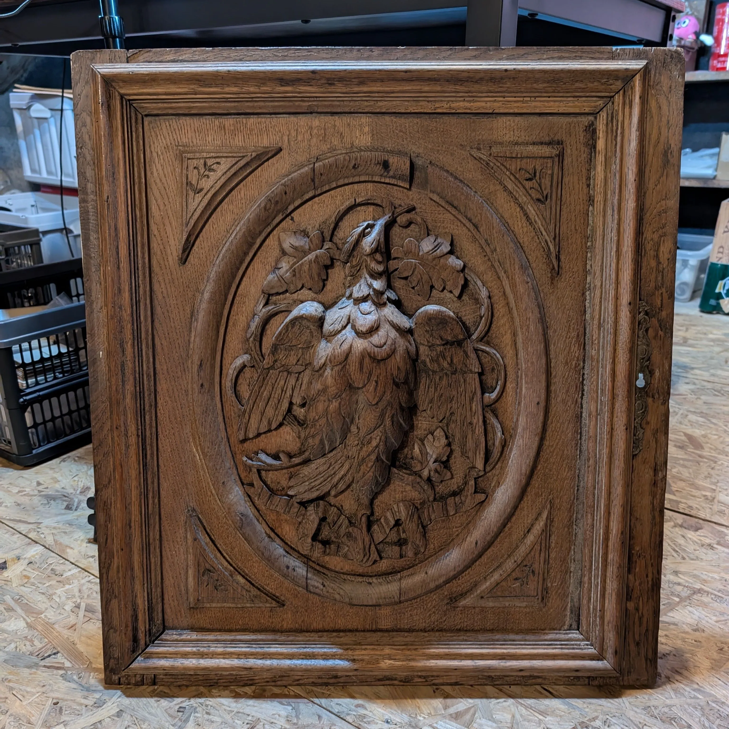 Product image for French antique dresser door, Hand carved bird motif. 