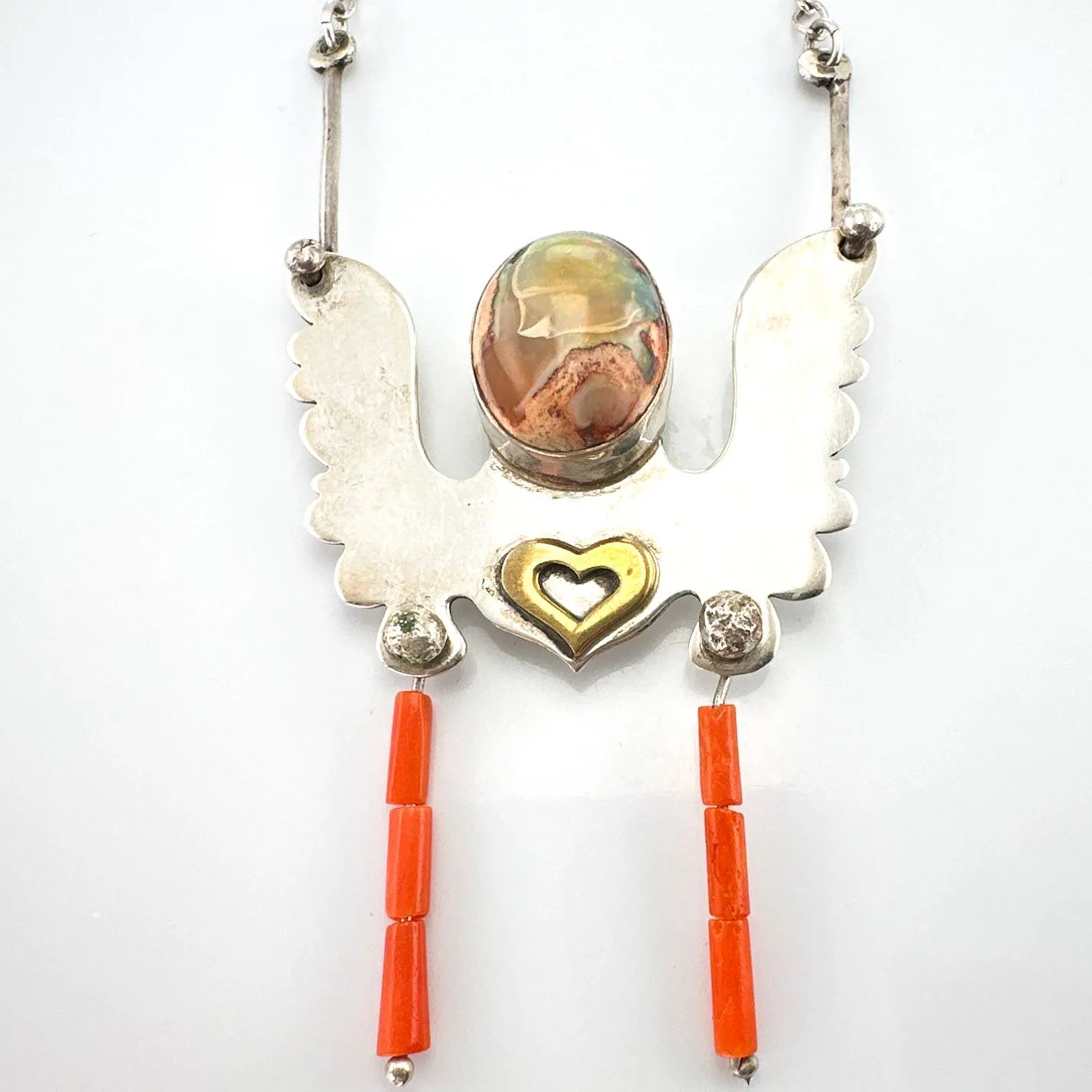 Product image for Native Signed JRM Handwrought Sterling Silver, Special Boulder Opal with Coral Bead accents, Eagle Motif Pendant (2.5" x 2") With Chain (20") YYX0039