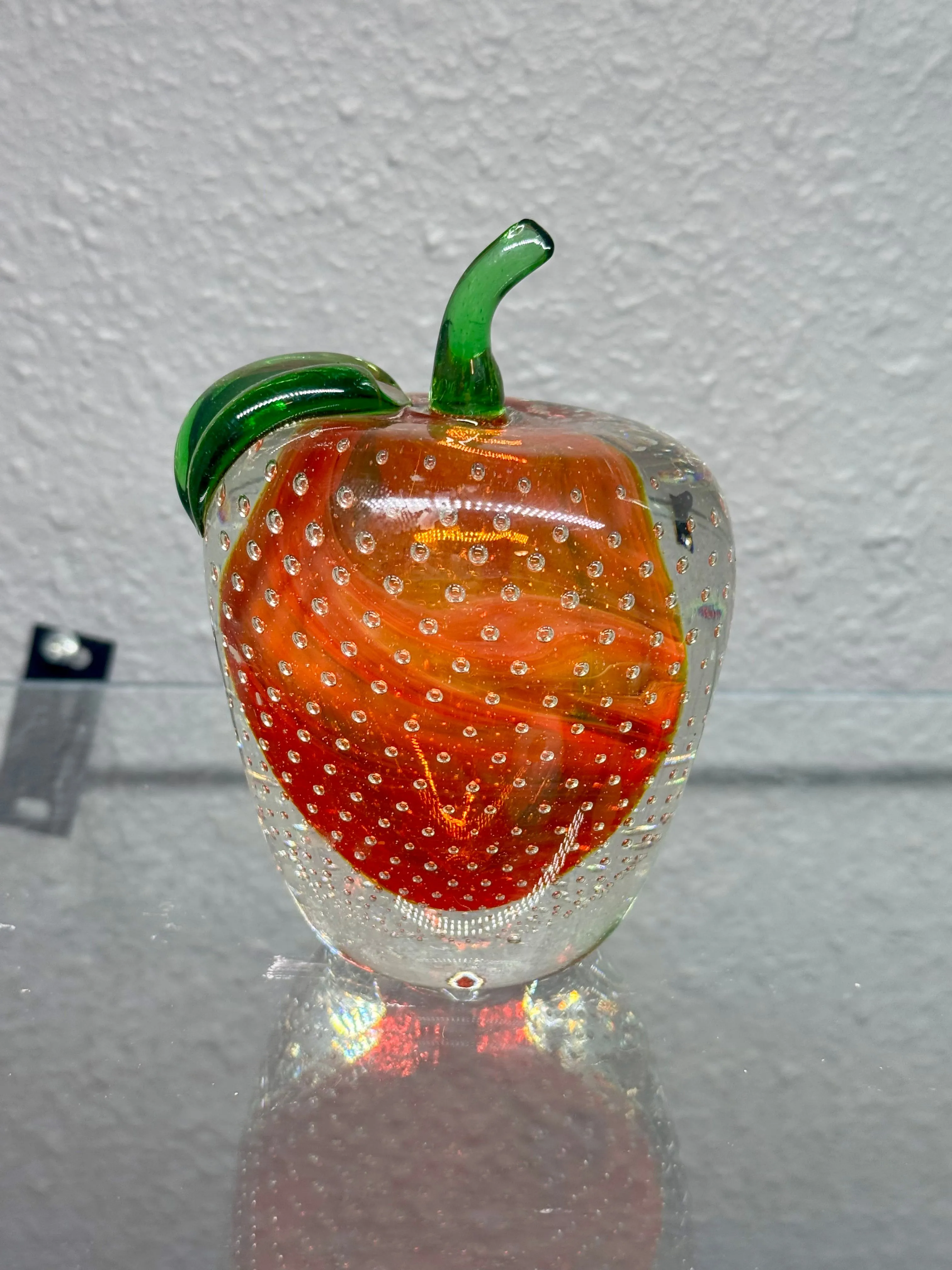 Product image for Vintage Murano Bullicante Sommerso Red Apple Glass Paperweight with Green Stem - Glows under UV
