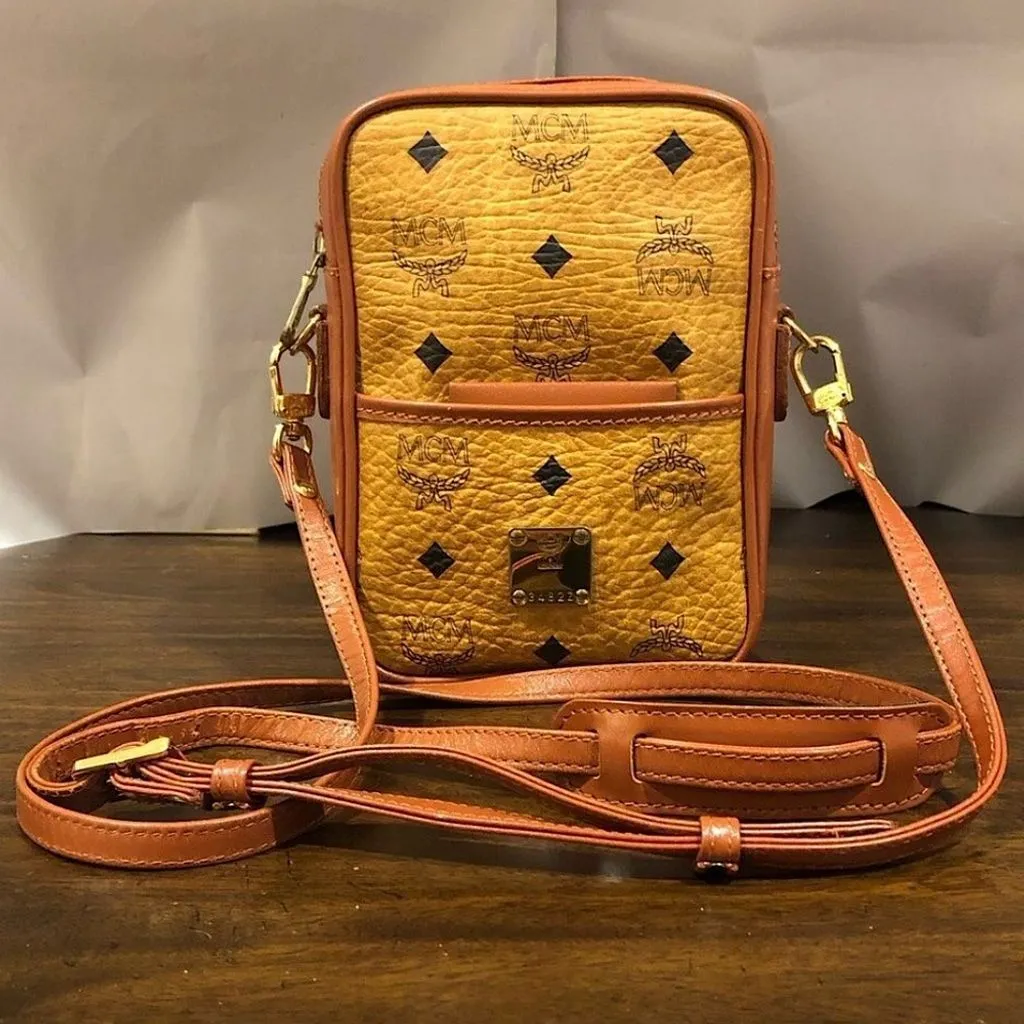 Product image for MCM Visetos Cognac Monogram Camera Messenger Bag w Leather Lined Mirror EUC RARE