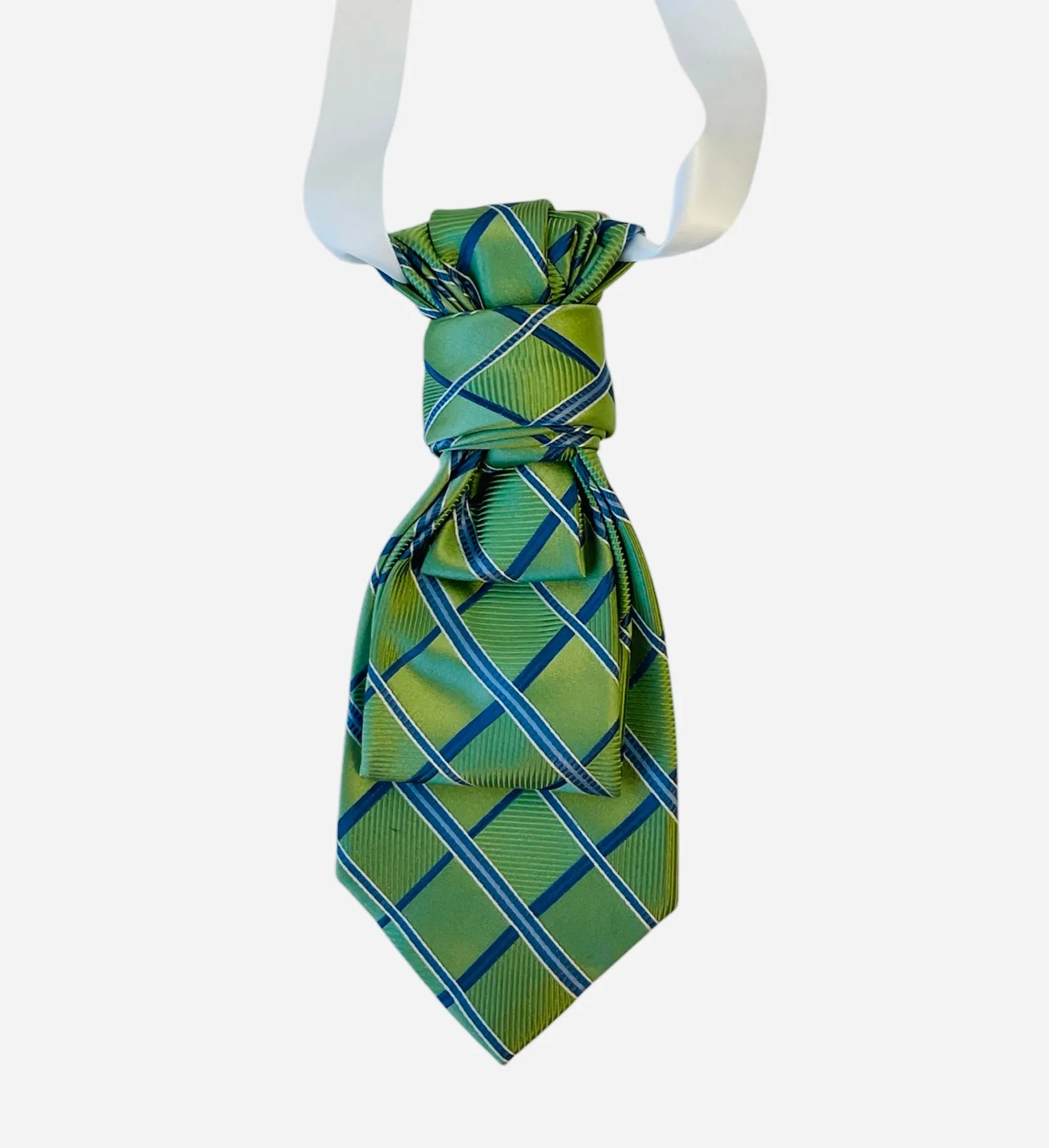 Product image for 75. Upcycled Tie Necklace Michael Kors Green on Green with White and Blue Square/Plaid Design