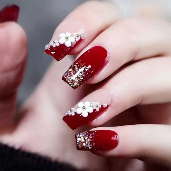 Product image for Nails Red/Pink Glitter Short Coffin Shaped With White Camellia Flowers New