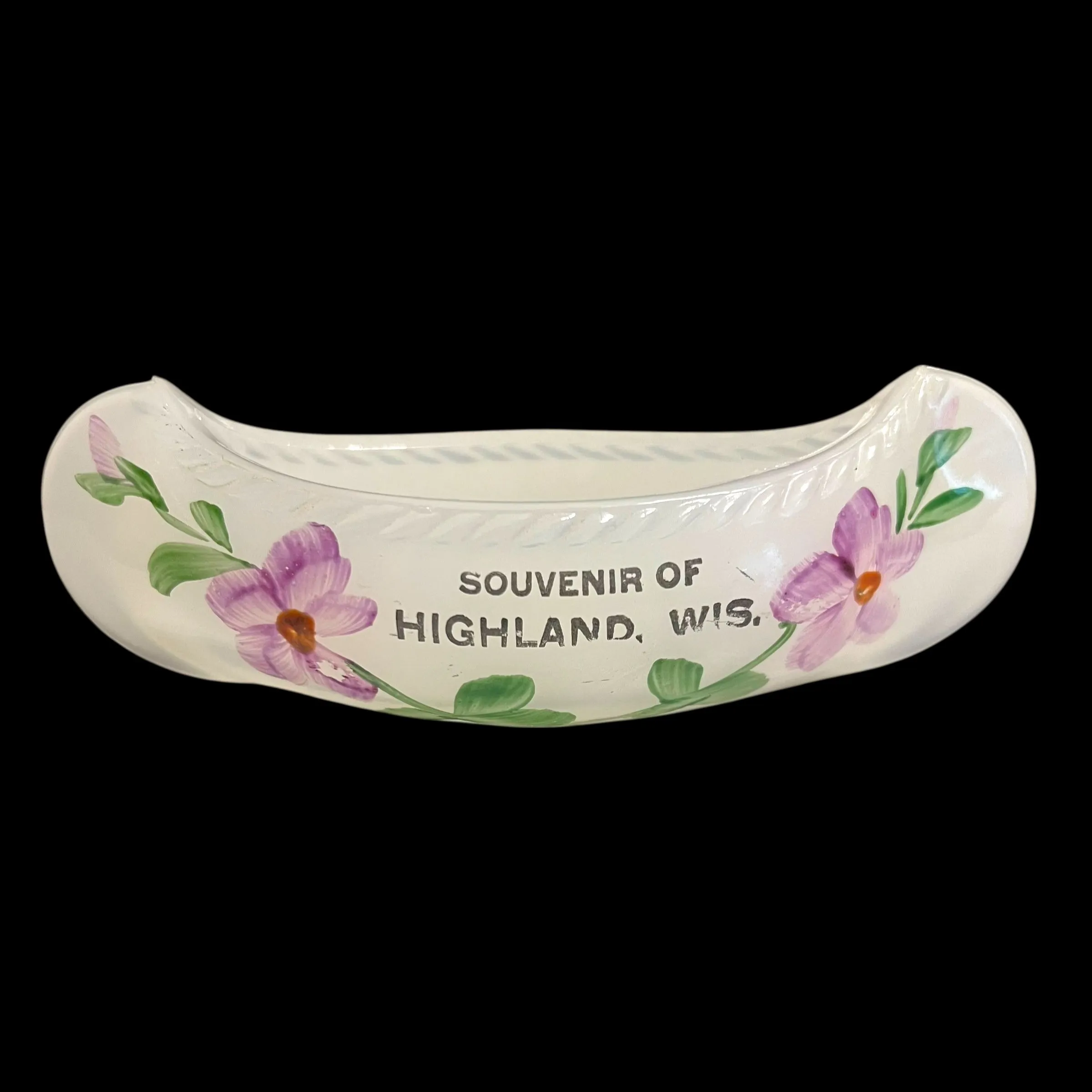 Product image for 217 CLAMBROTH (Tiffin) milk glass souvenir Highland, Wisconsin canoe 6.25" x 2.5" x 1.75" 1920s