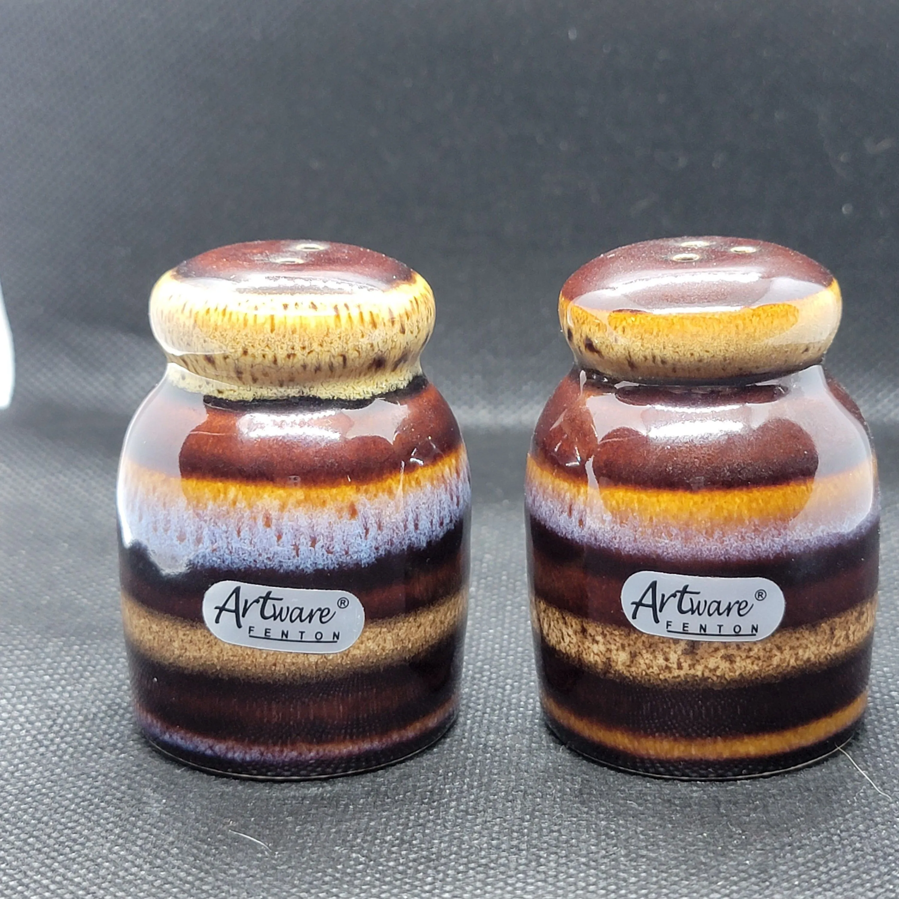 Product image for Fenton Artware salt and pepper shakers.  Wonderful dripped pottery look / colors